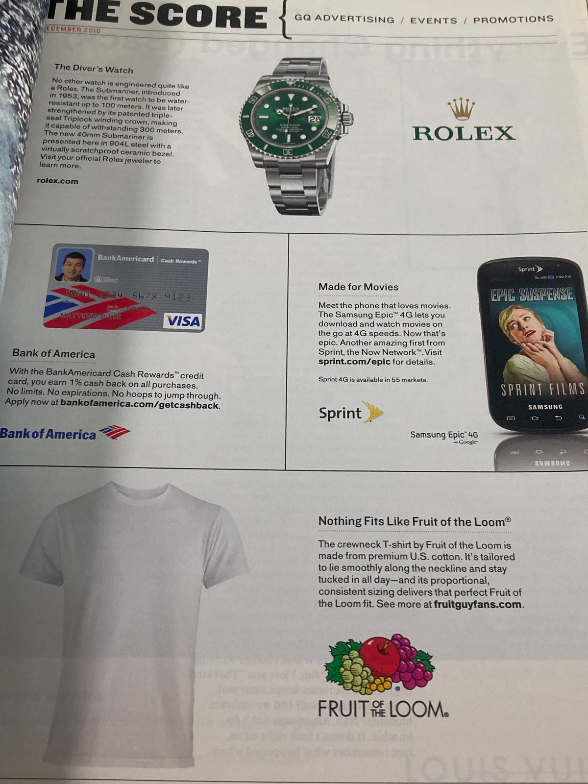 Advertisement page in GQ Magazine December 2010 featuring a Rolex watch, a Bank of America credit card, and promotional content.