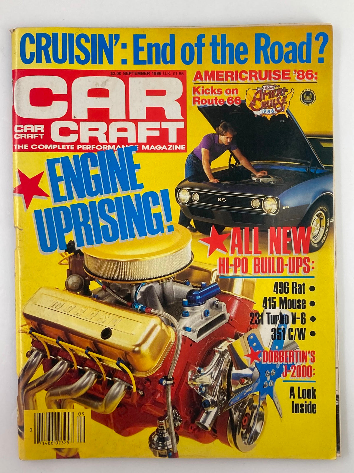 Cover of VTG Car Craft Magazine September 1986 Vol 34 #9 titled 'Engine Uprising' featuring a vibrant yellow background, a detailed image of a high-performance engine, and a mechanic inspecting a car.