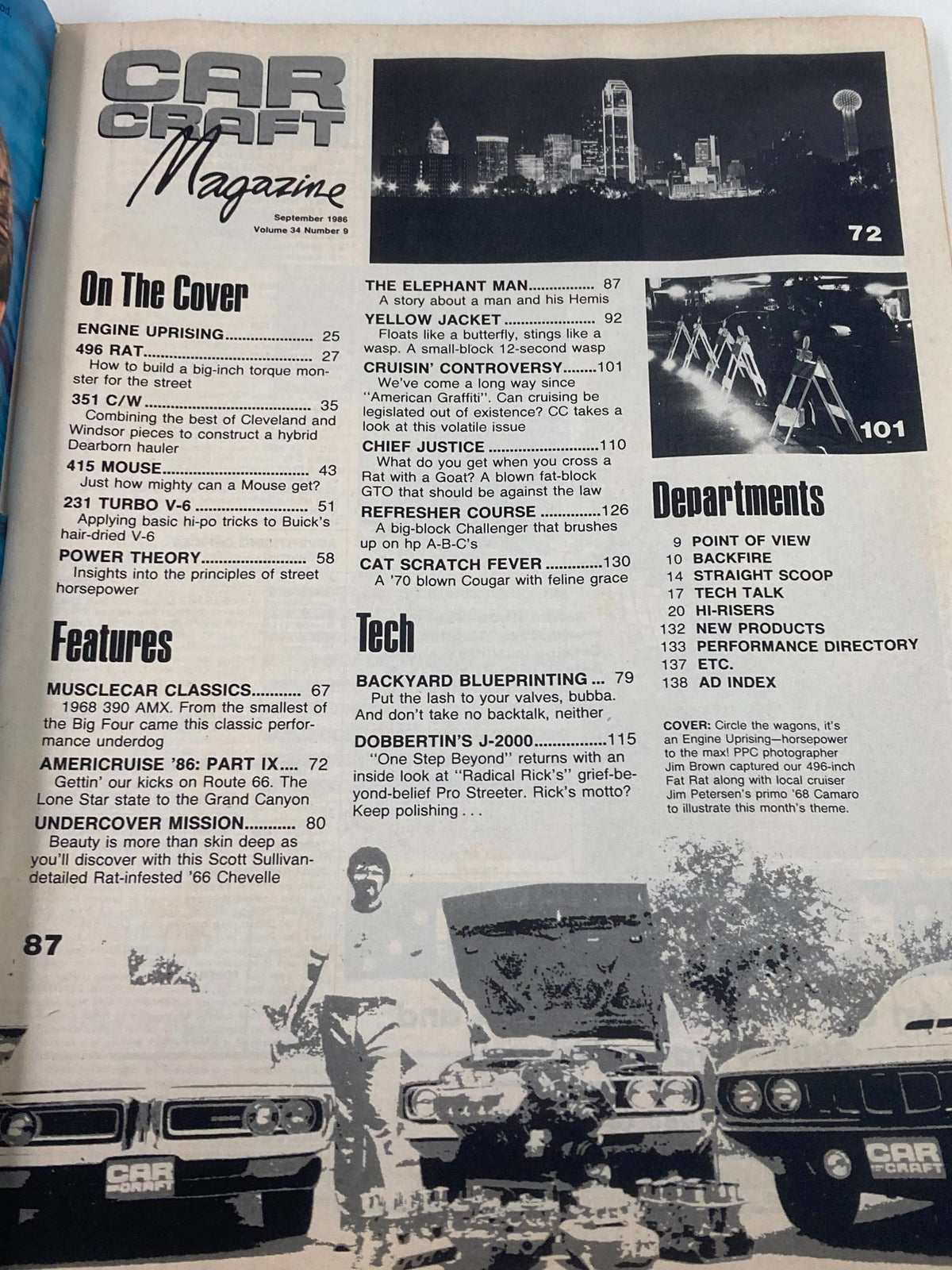 Table of contents page from VTG Car Craft Magazine September 1986 Vol 34 #9 showcasing featured articles and sections including 'Musclecar Classics' and 'Americruise '86' along with automotive images.