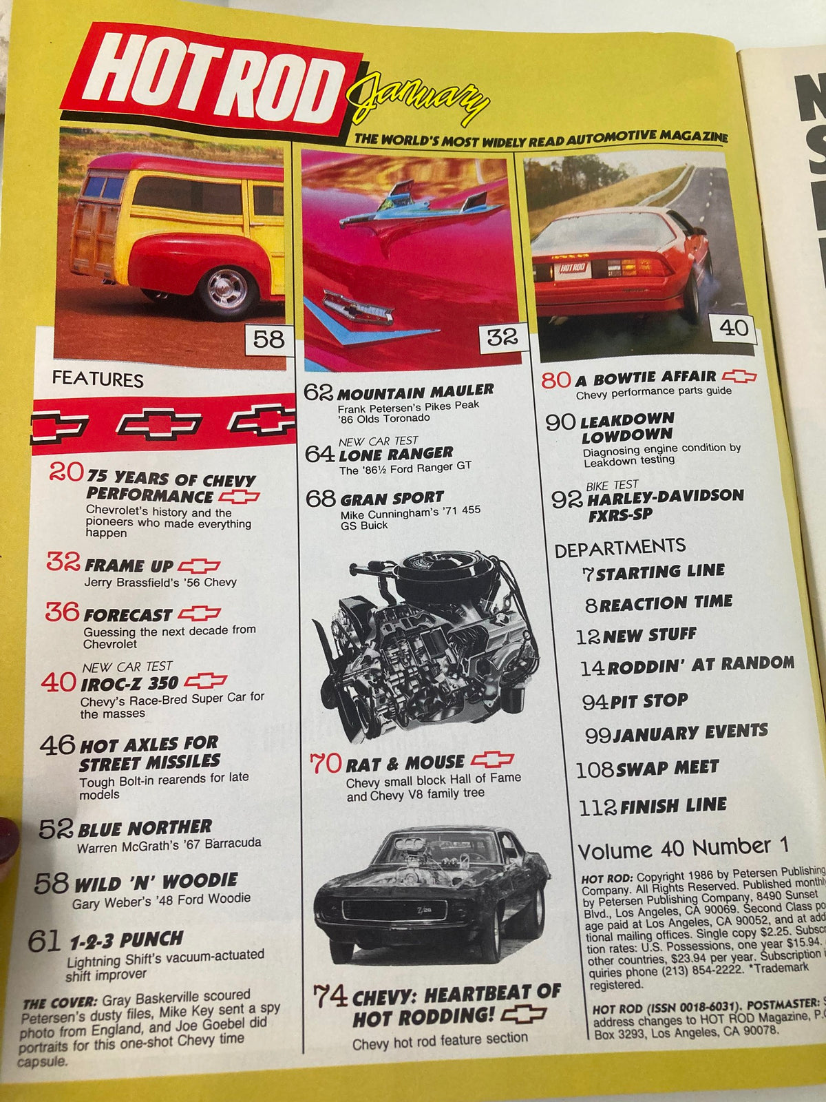 Interior page of VTG Hot Rod Magazine January 1987 Vol 40 #1 showcasing the table of contents, highlighting features related to 75 years of Chevy performance.