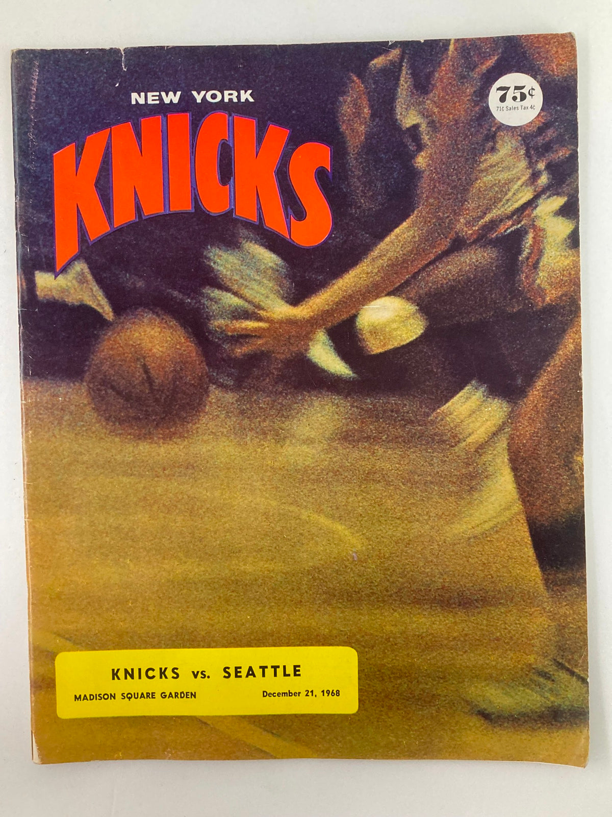 Cover of the December 21, 1968 New York Knicks vs Seattle SuperSonics program featuring a basketball player in action.