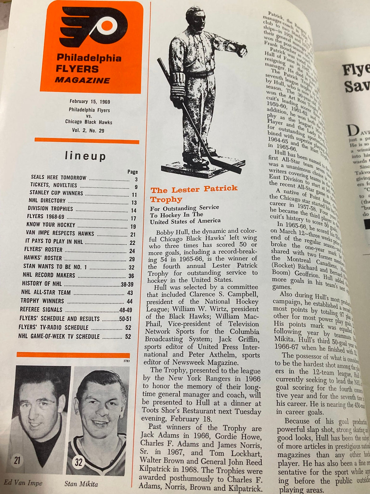 1969 NHL Bobby Hull Philadelphia Flyers vs Chicago Black Hawks Vol 2 #29 - Image of a magazine page featuring the Lester Patrick Trophy and notable players like Ed Van Impe and Stan Mikita.