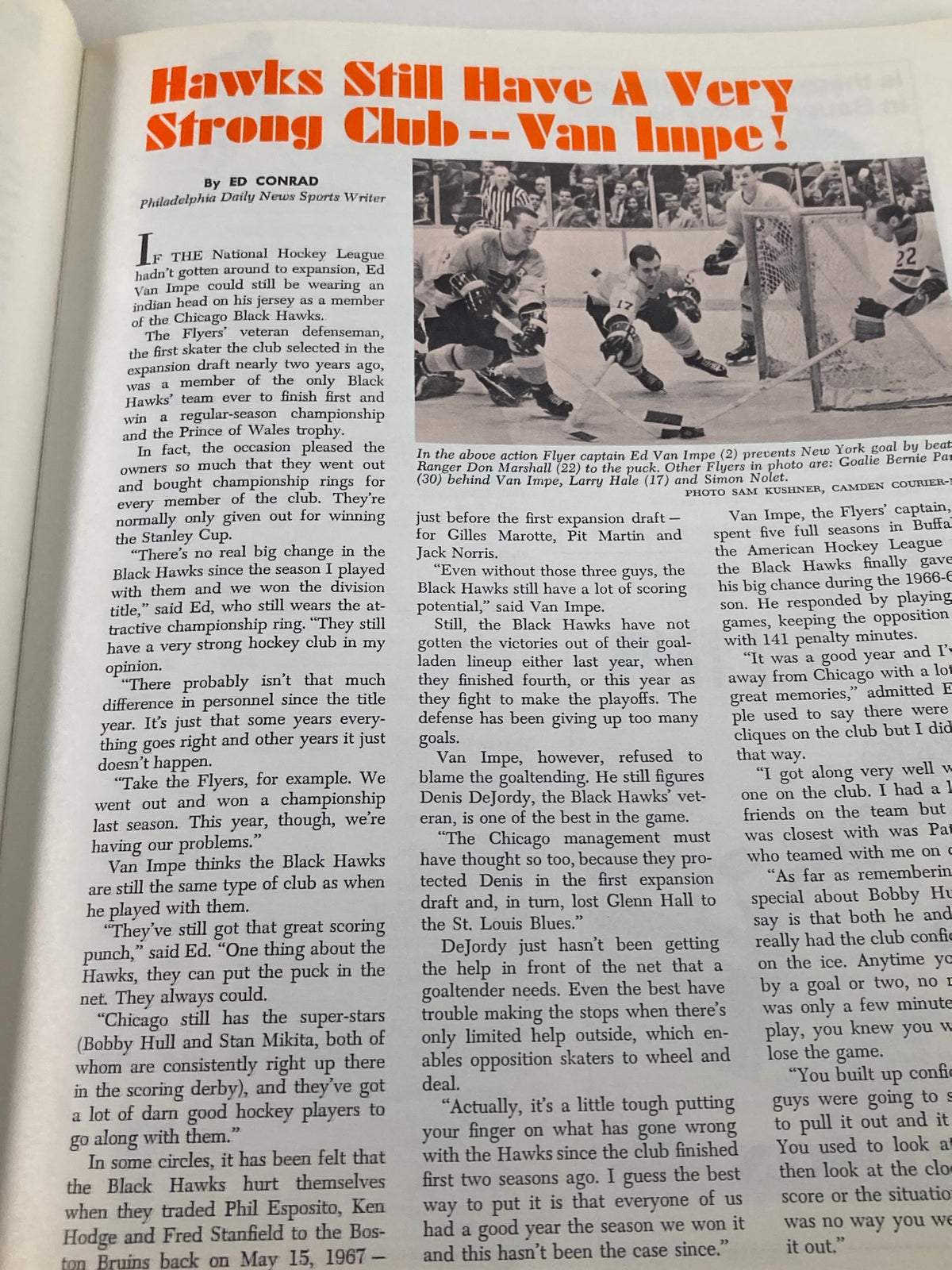 Page from the 1969 NHL Bobby Hull Philadelphia Flyers vs Chicago Black Hawks Vol 2 #29 featuring an article by Ed Conrad discussing the strength of the Chicago Black Hawks team.