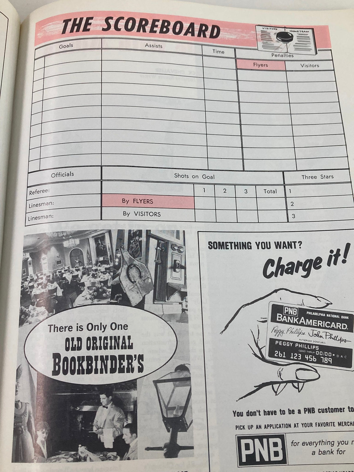 Scoreboard page from the 1969 NHL Bobby Hull Philadelphia Flyers vs Chicago Black Hawks Vol 2 #29, intended for recording game statistics, featuring sections for assists and penalties.