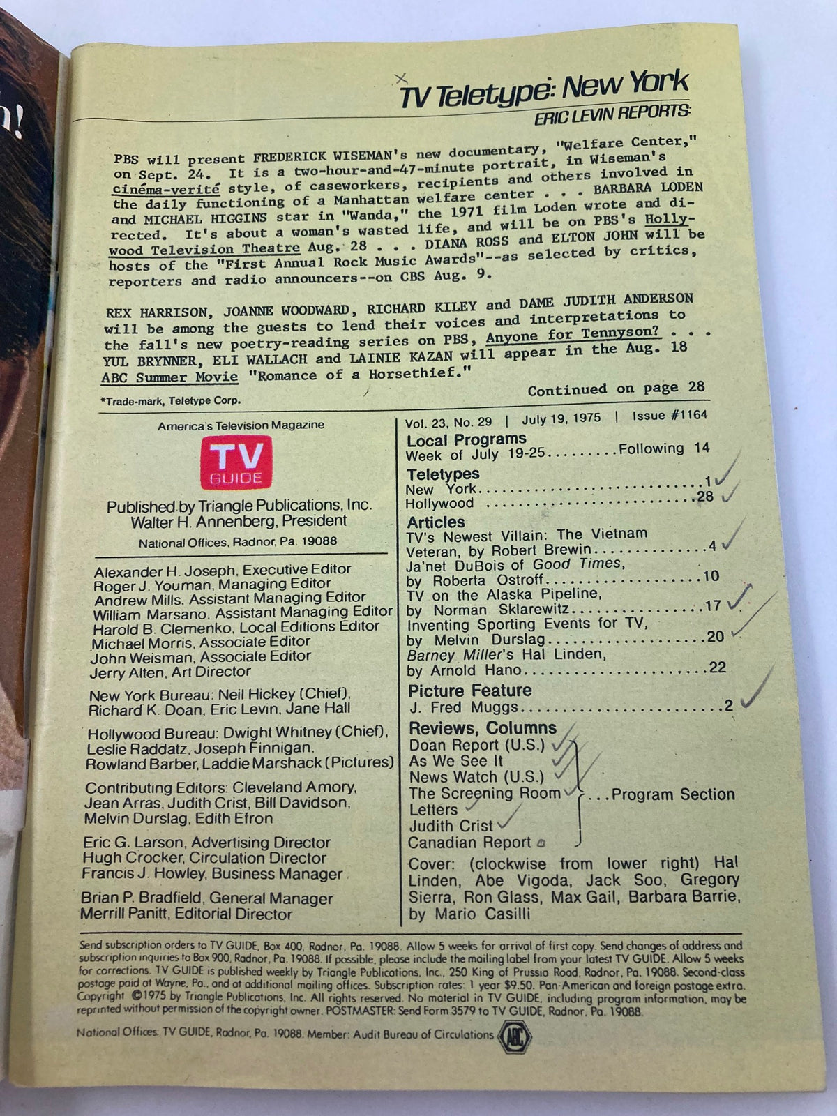 TV Guide Magazine July 19 1975 issue #1164 back cover featuring TV Teletype New York reports, highlighting PBS documentaries and notable guests, suitable for vintage television collectors.