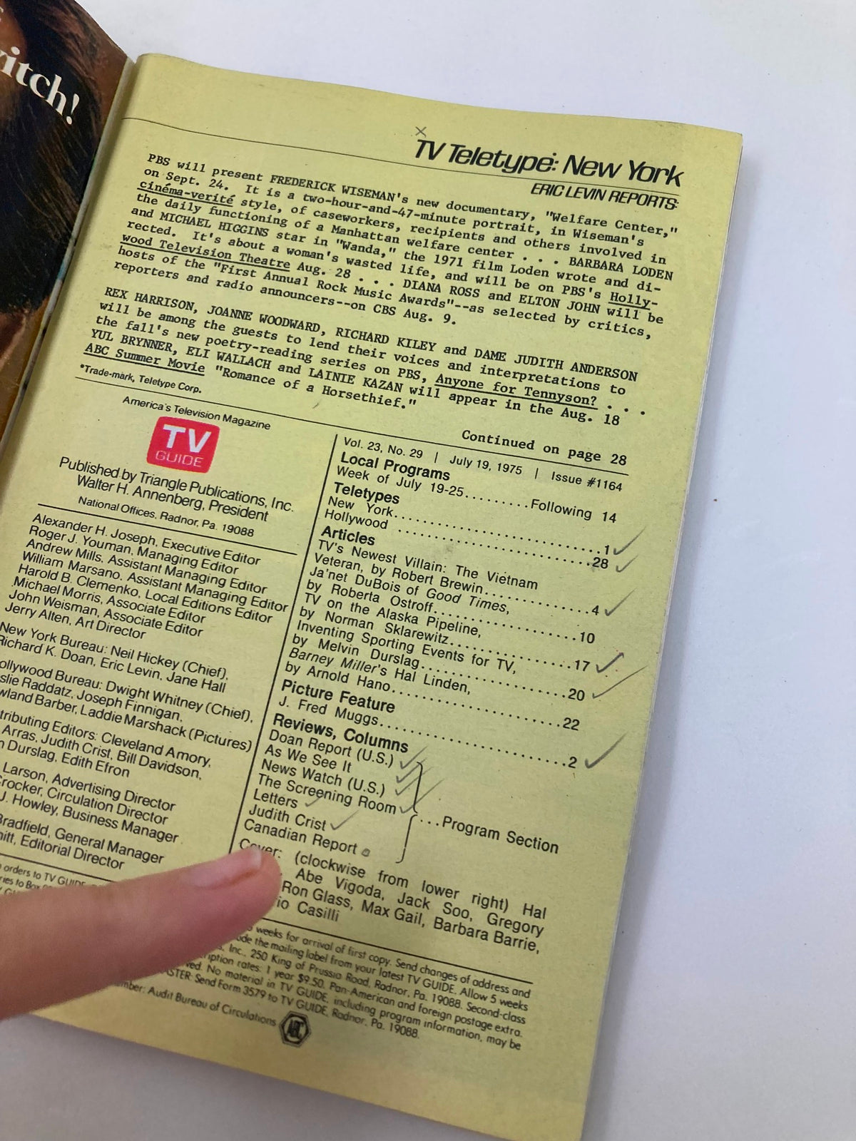 TV Guide Magazine July 19 1975 issue #1164 back cover continued content, showcasing TV Teletype New York reports with check-marked features, a collectible for television history enthusiasts.