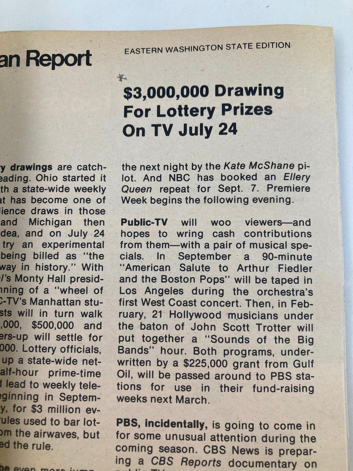 TV Guide Magazine July 19 1975 issue #1164 Eastern Washington State Edition report on lottery drawing for TV on July 24, a unique vintage magazine segment for collectors.
