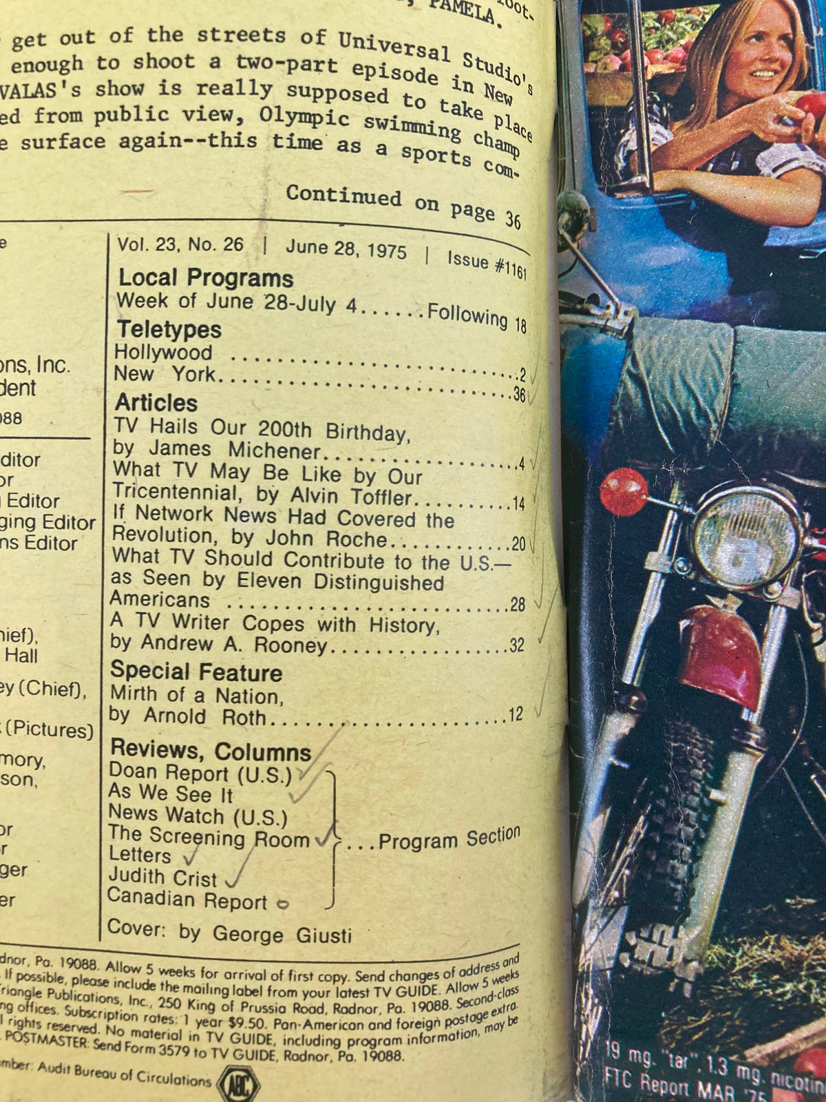 Inside page of TV Guide Magazine June 28, 1975, issue #1161 showcasing the local programming section and articles about popular television shows of the era.