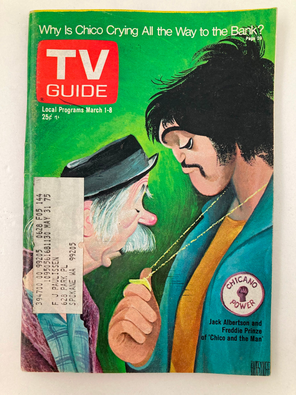 Cover of TV Guide Magazine March 1 1975 #1144 featuring Jack Albertson and Freddie Prinze from 'Chico and the Man'. The magazine discusses local programs for the week of March 1-8, and highlights the illustration style of the era.
