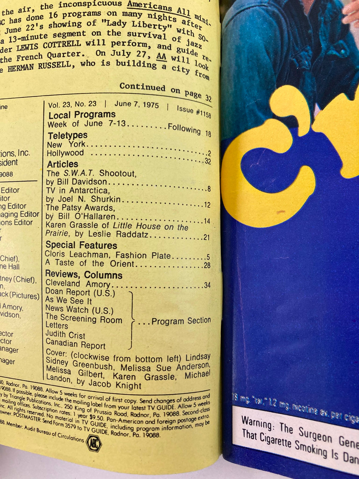 Inside page of TV Guide Magazine June 7, 1975, displaying a table of contents with show listings and articles from that era.