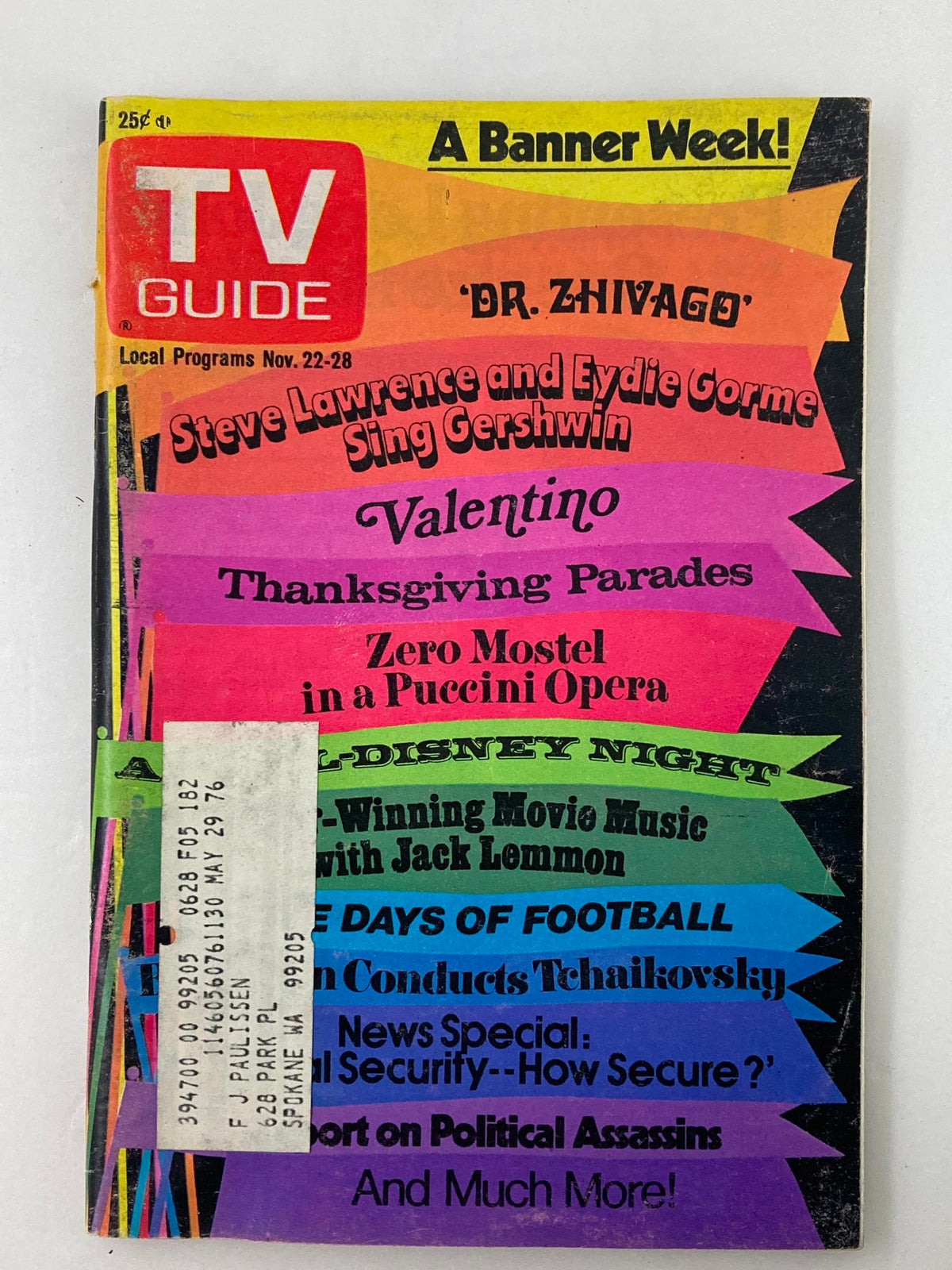 Cover of TV Guide Magazine from November 22, 1975, featuring Steve Lawrence and Eydie Gorme, showcasing local programs and highlights for Eastern WA State.