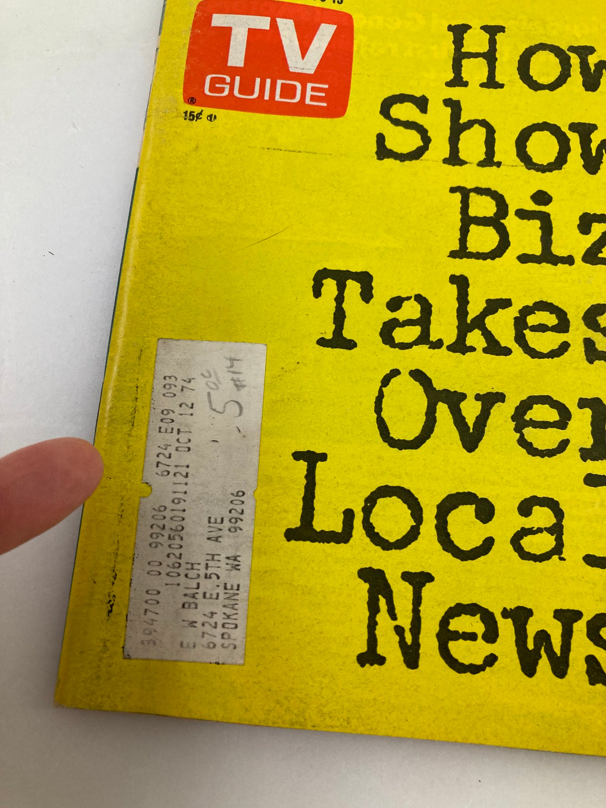 Detailed view of the cover of TV Guide Magazine March 9 1974 Show Biz Takes Over Eastern WA State Edition with a close-up of the price tag and publication details.