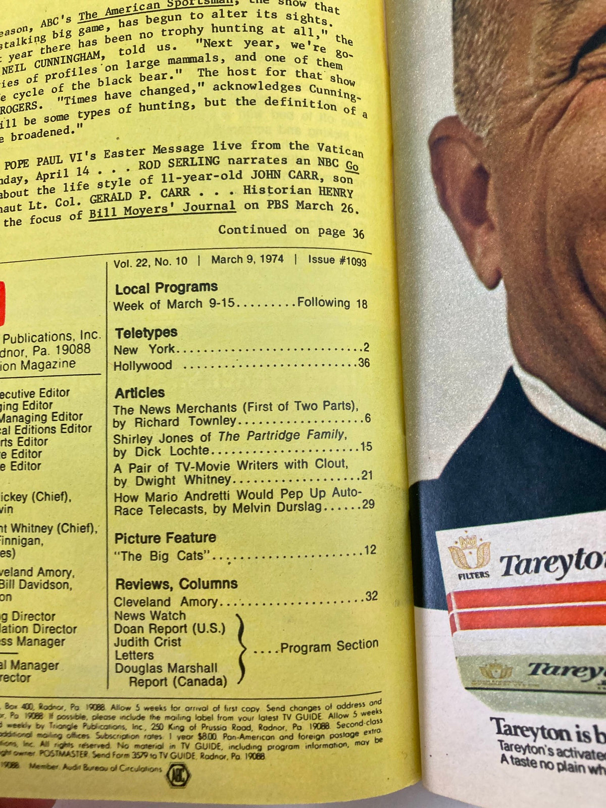 Interior page of TV Guide Magazine March 9 1974 Show Biz Takes Over Eastern WA State Edition displaying local programs and articles, emphasizing the entertainment landscape of the 1970s.