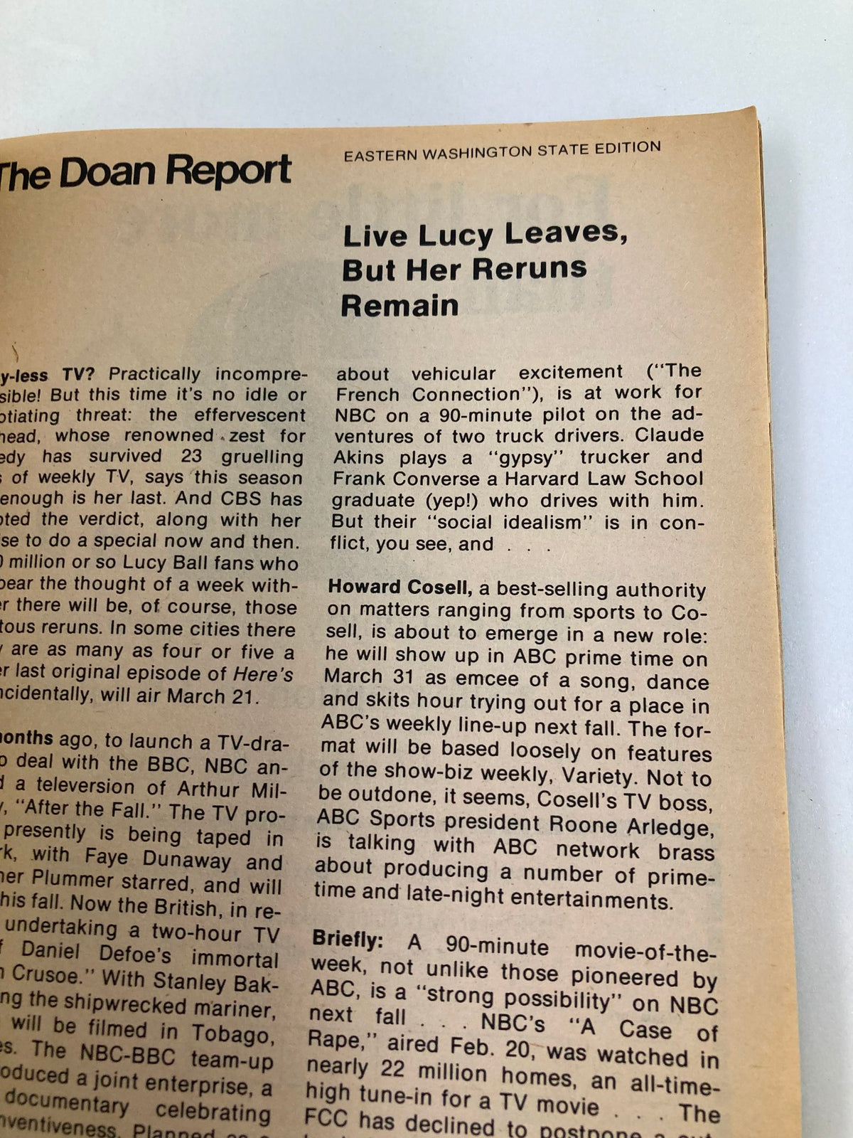 Article page from TV Guide Magazine March 9 1974 Show Biz Takes Over Eastern WA State Edition titled 'The Doan Report', discussing television trends and notable figures in entertainment.