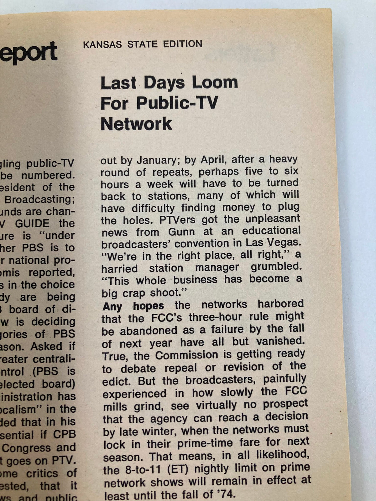 Article page from TV Guide Magazine November 11 1972 #524 titled 'Last Days Loom For Public-TV Network' discussing the future challenges of public television.