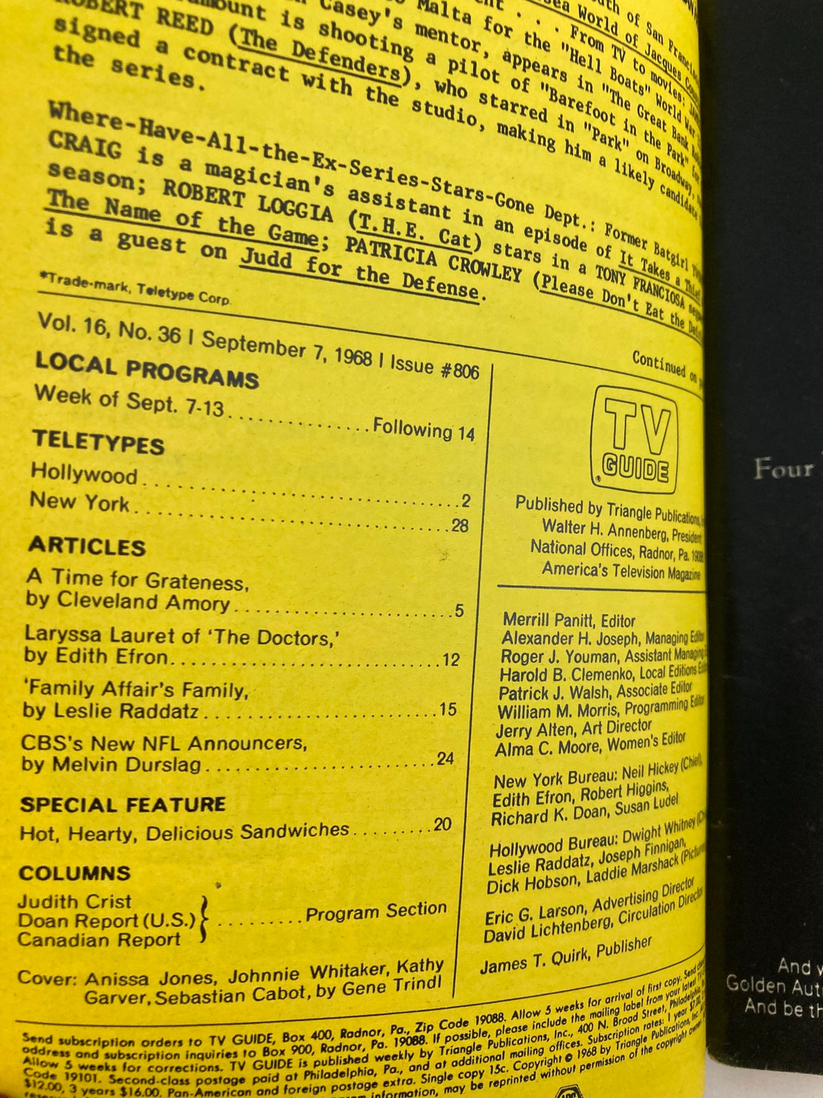 Inside page of TV Guide Magazine September 7 1968 #806, highlighting show listings and articles from the era, including features on the television landscape of the late 1960s.