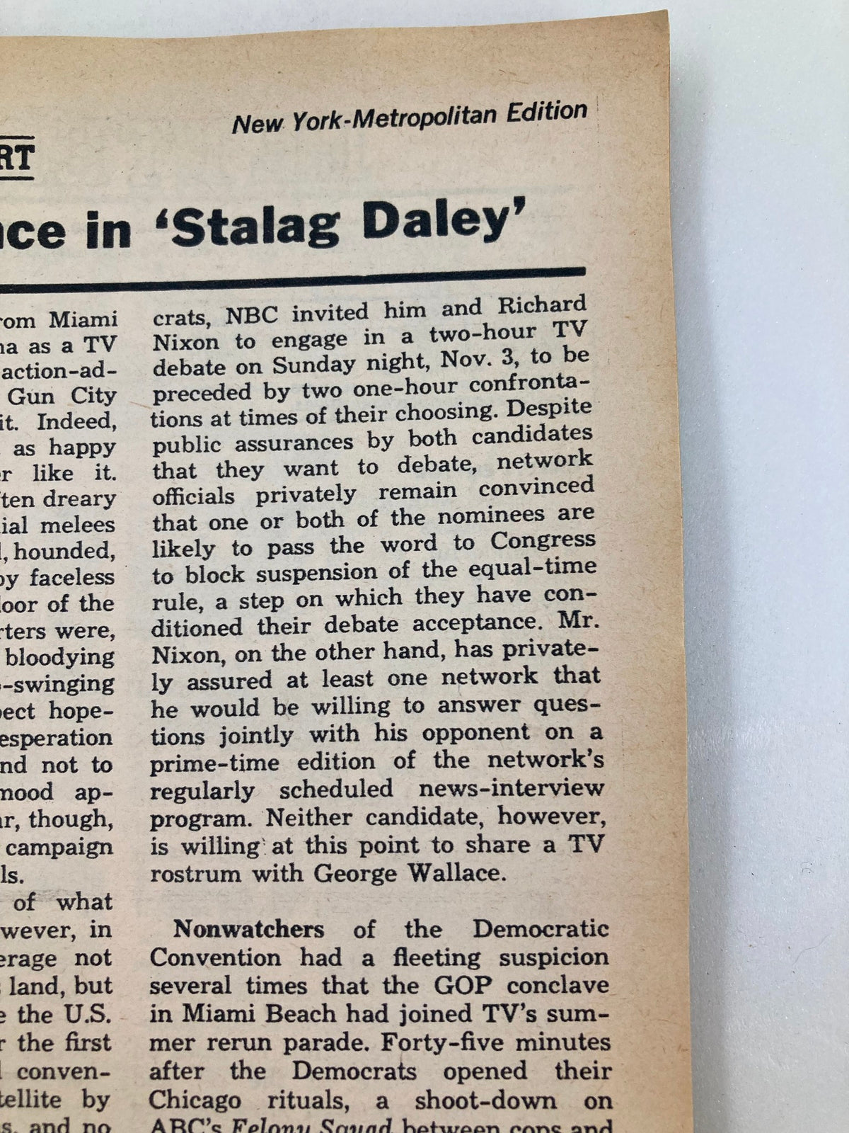 Close-up of text from TV Guide Magazine September 7 1968 #806, discussing political events and TV debates relevant to the period.