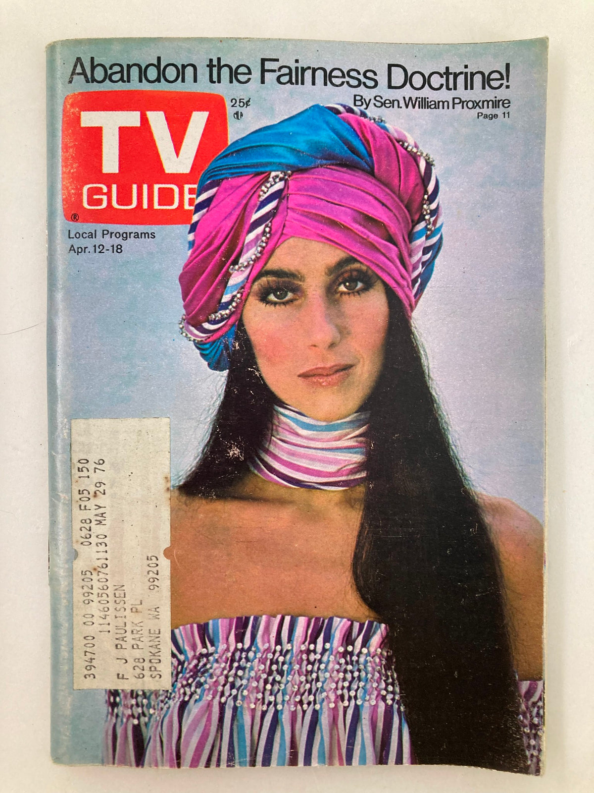 Cover of TV Guide Magazine from April 12, 1975, featuring Cher, showcasing her glamorous look in a colorful turban and patterned attire, part of the Eastern Washington State Edition.