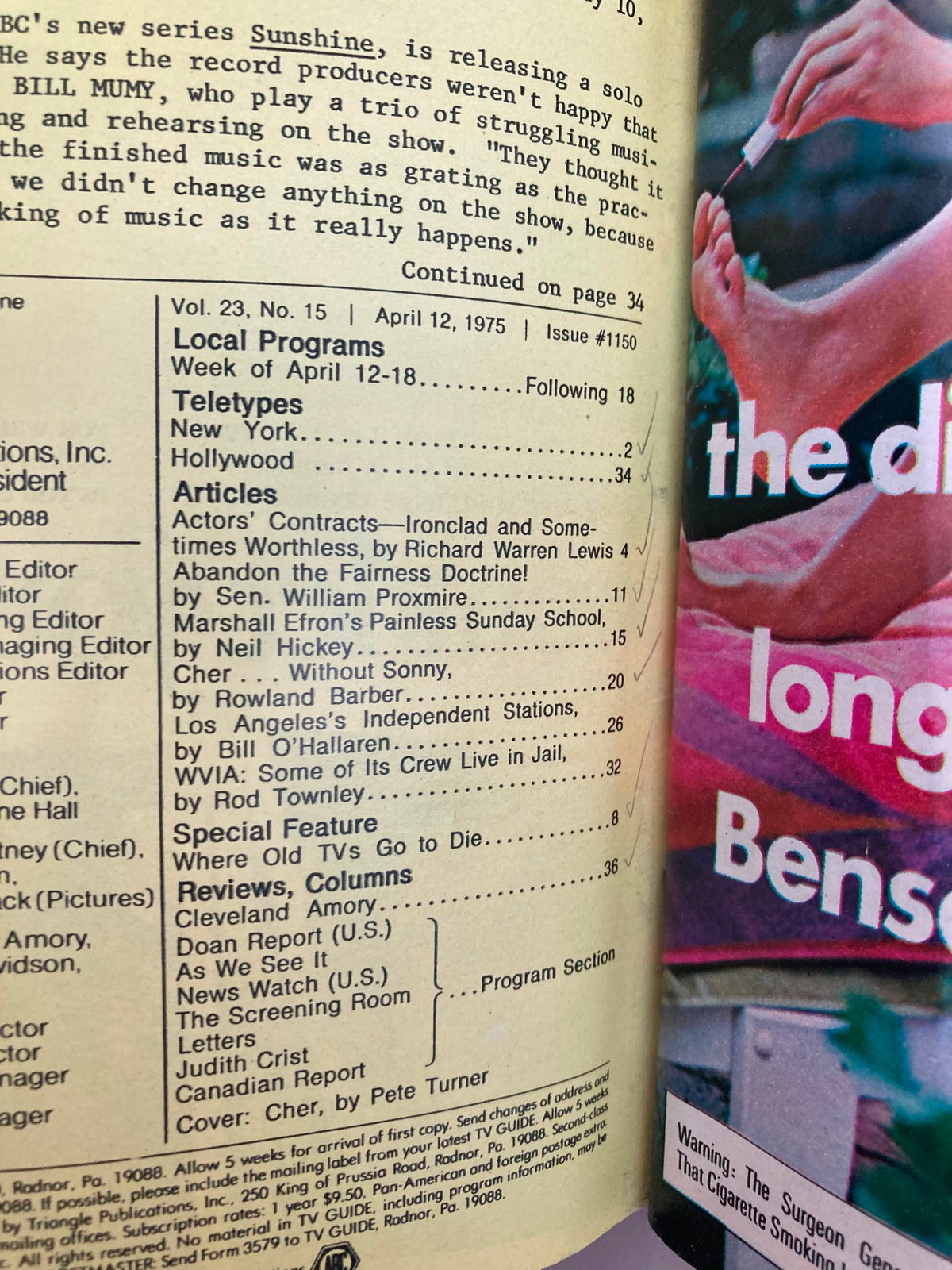 Inside page of TV Guide Magazine April 12, 1975, showing the table of contents, highlighting articles and television listings, with Cher featured prominently.