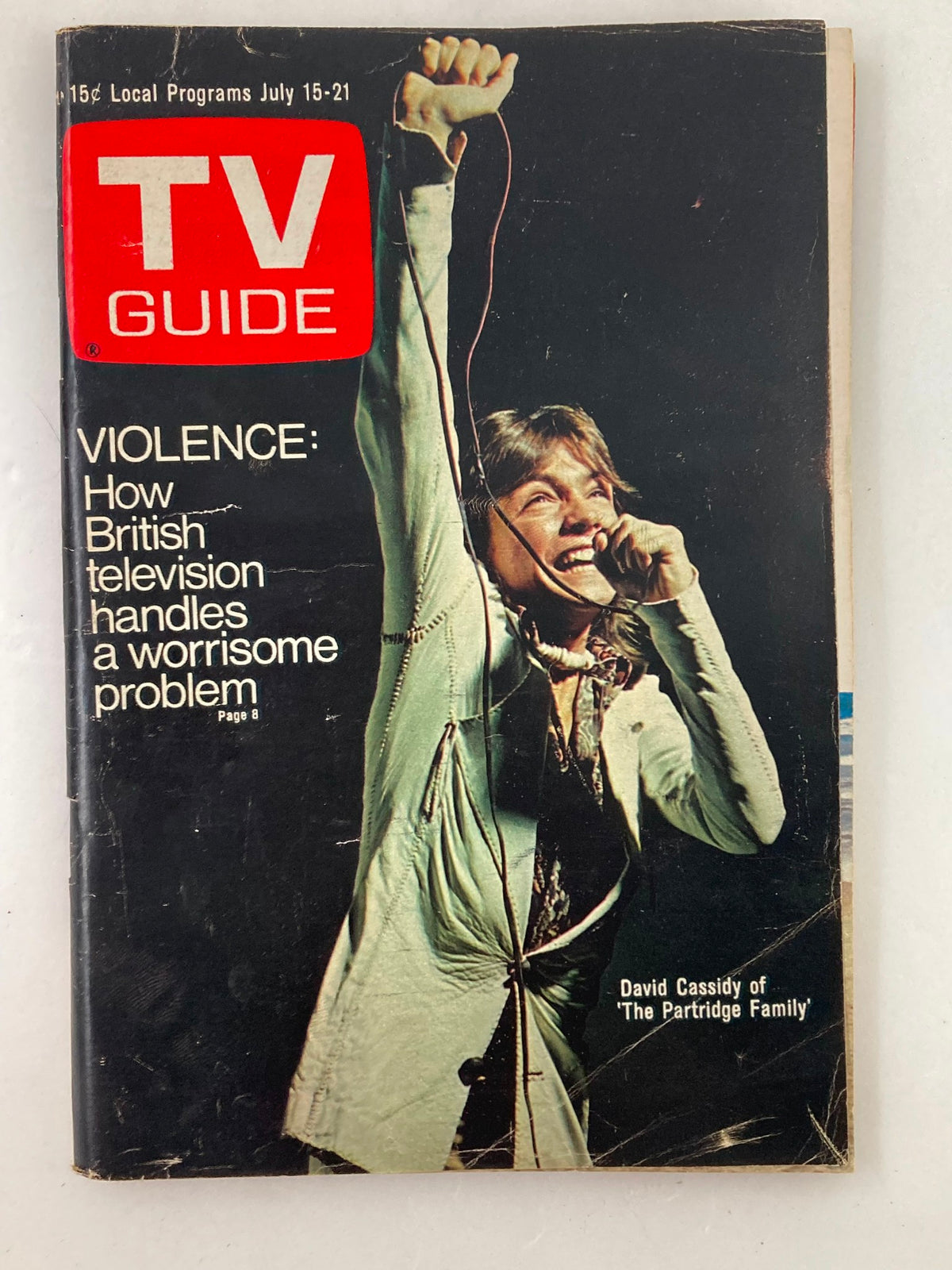 Cover of TV Guide Magazine July 15, 1972 featuring David Cassidy from 'The Partridge Family', discussing British television violence.