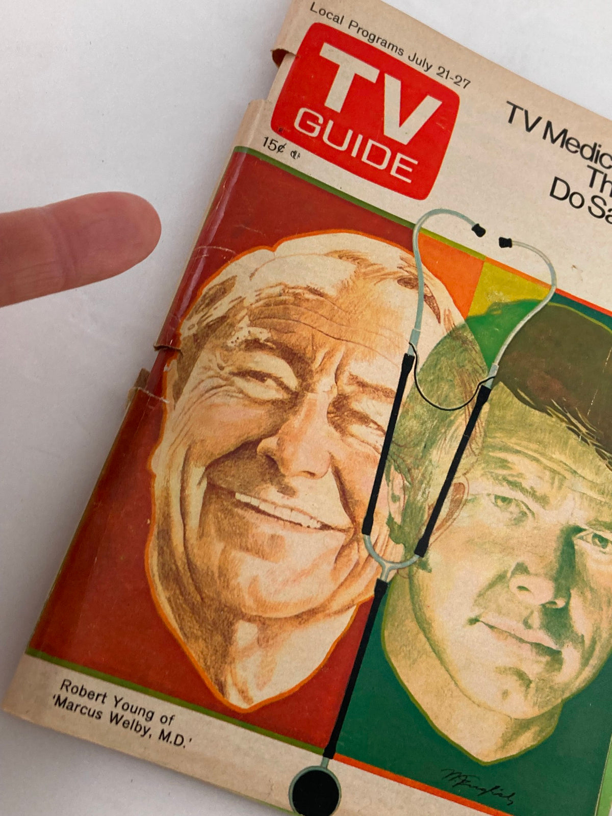 Close-up of the cover of TV Guide Magazine July 21, 1973, Issue #560 highlighting Robert Young and the inclusion of a stethoscope.