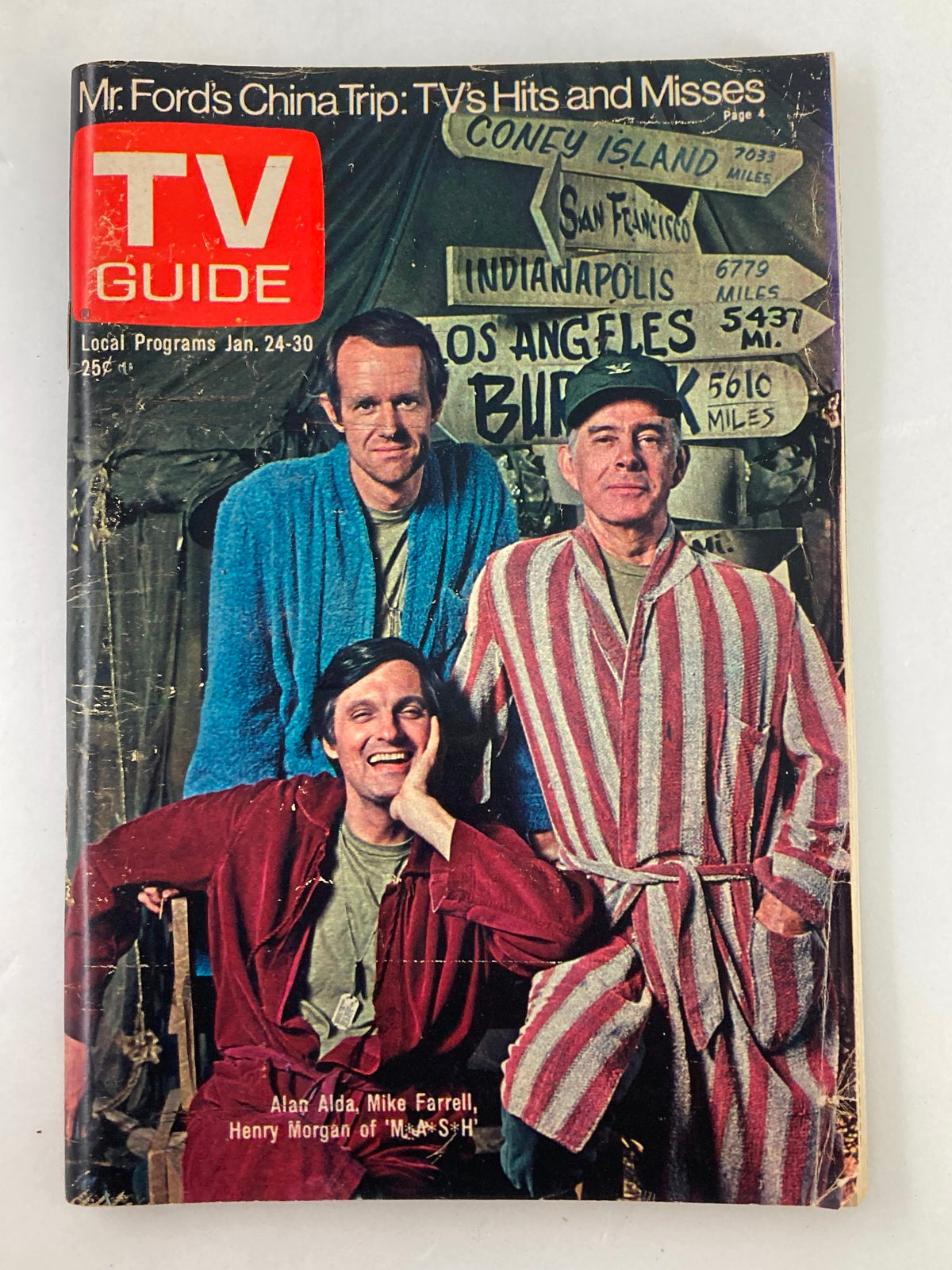 Cover of TV Guide Magazine January 24 1976 #1191 featuring Alan Alda, Mike Farrell, and Henry Morgan, showcasing classic television icons from the 1970s.