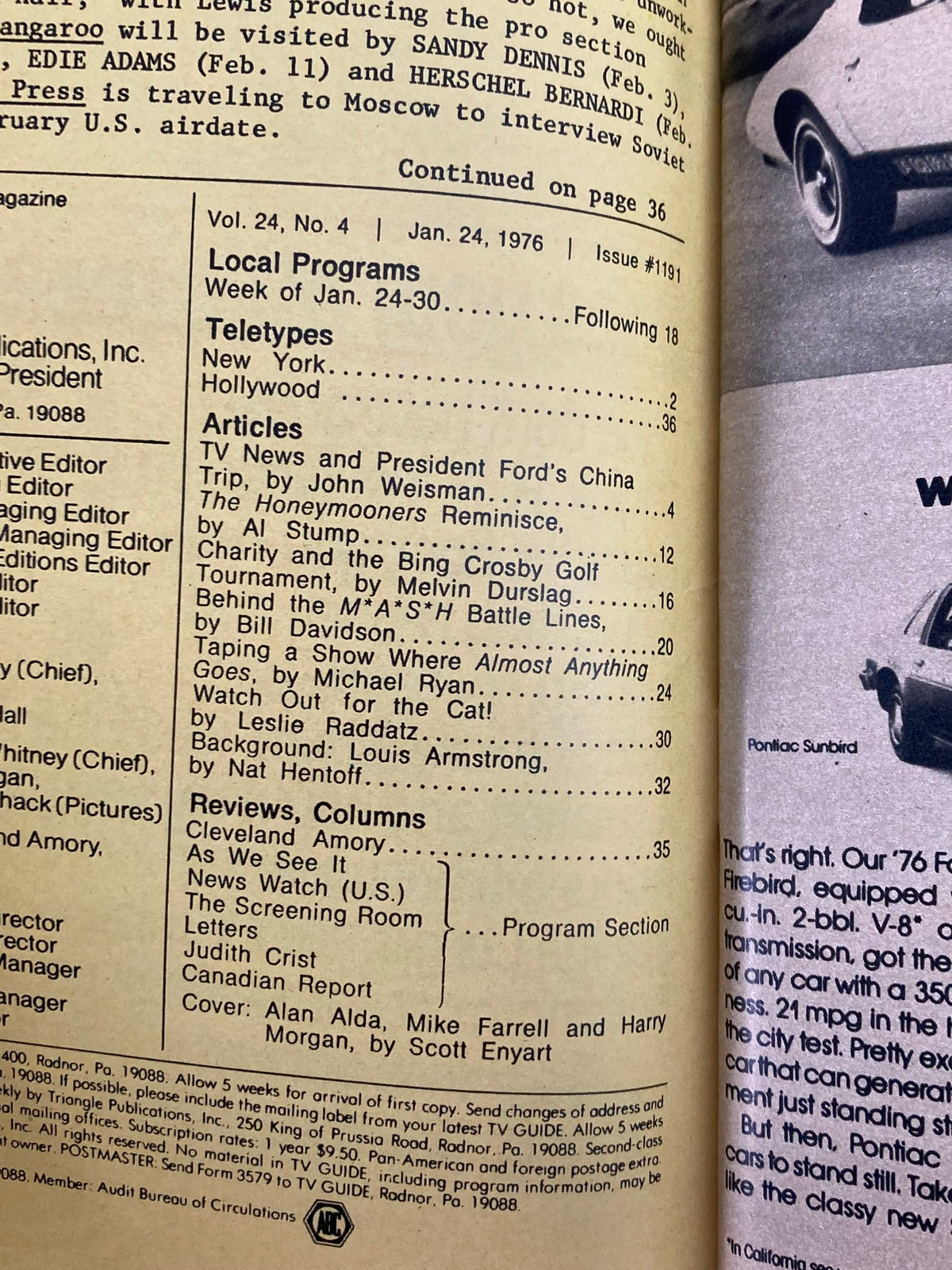 Inside page of TV Guide Magazine January 24 1976 #1191, featuring listings and article highlights, including a cover note about Alan Alda, Mike Farrell, and Harry Morgan.