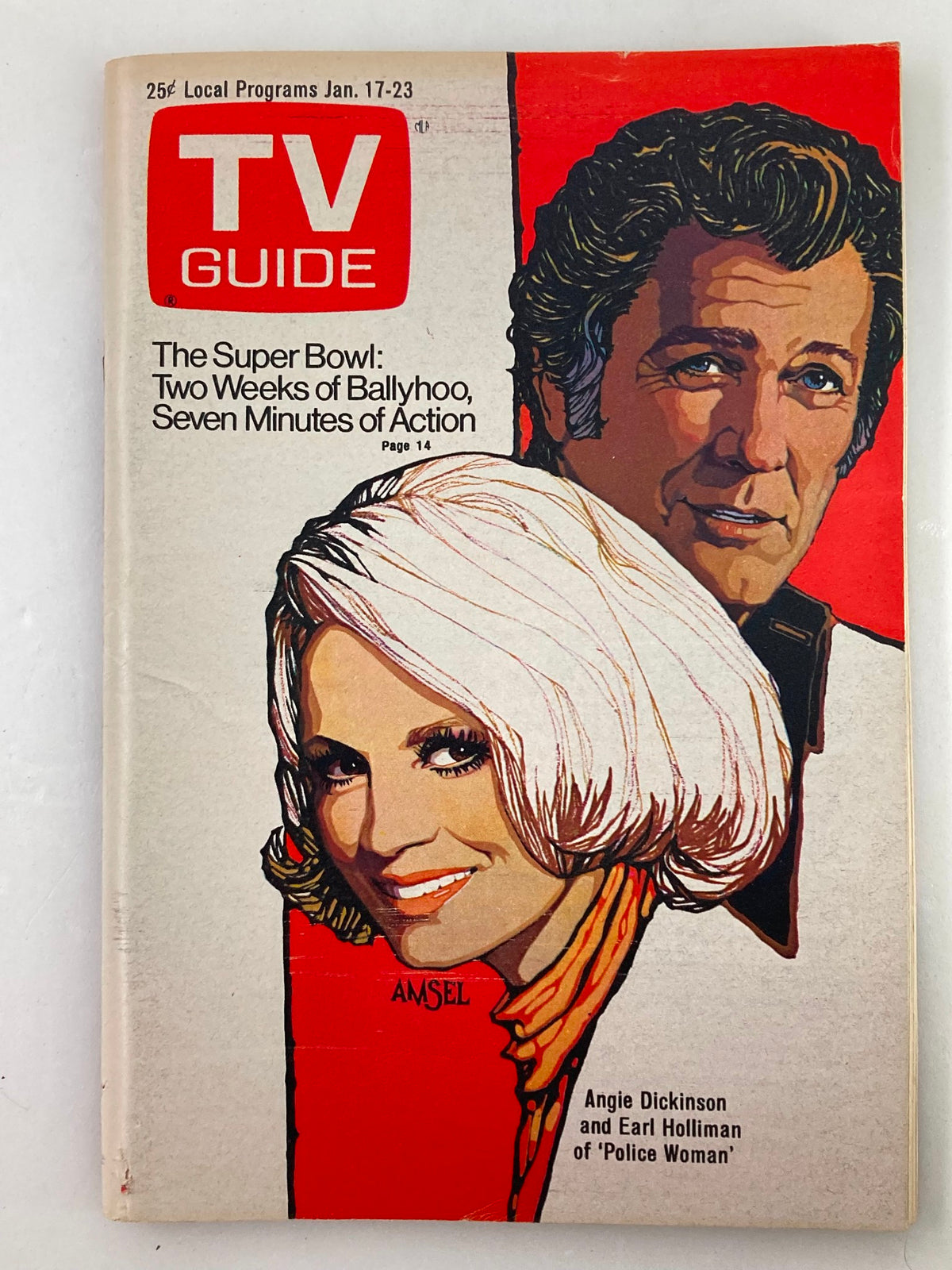 TV Guide Magazine featuring Angie Dickinson on the cover, dated January 17, 1976, showcasing the Super Bowl preview and illustrations by Richard Amsel.
