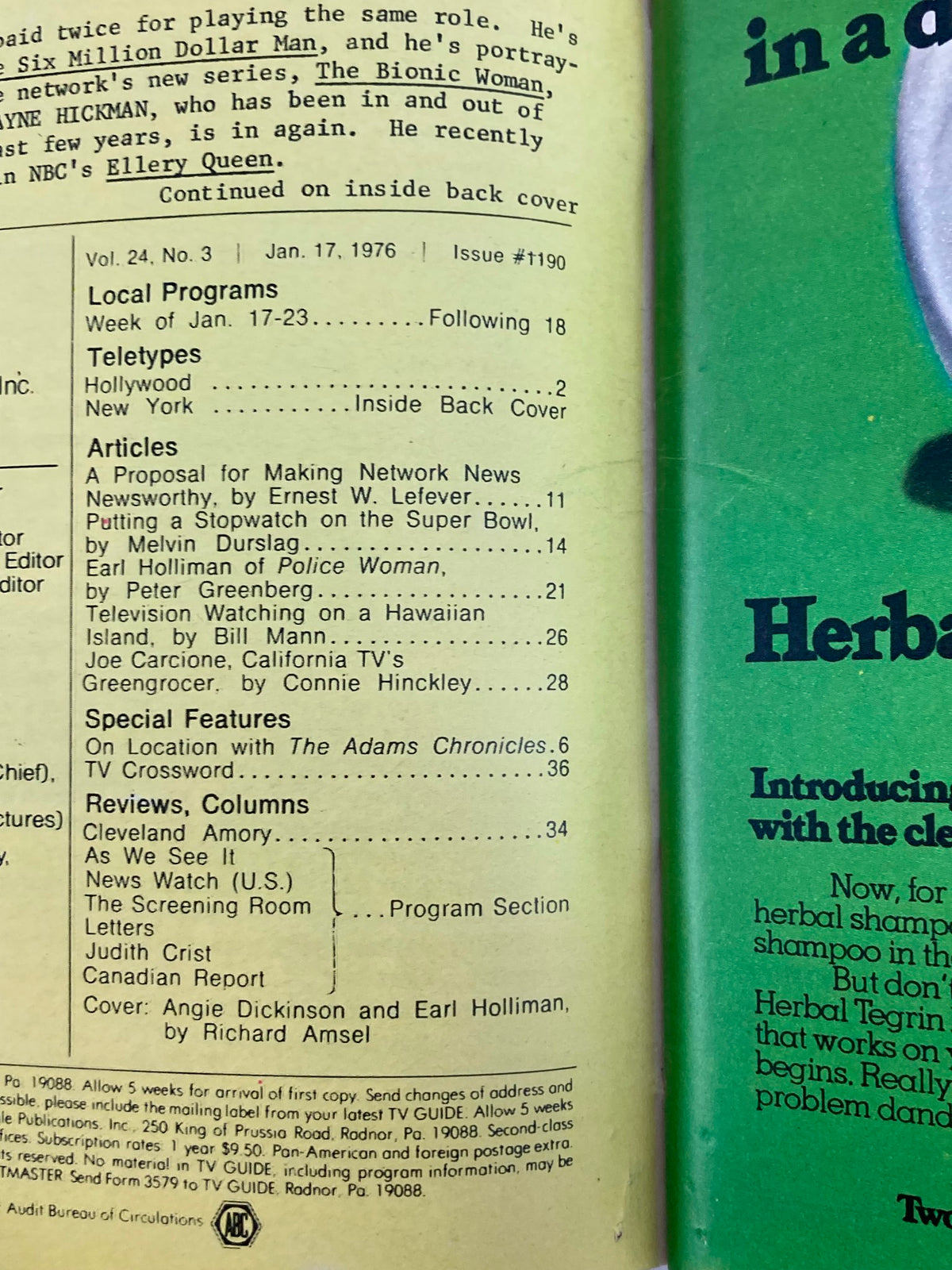 Inside back cover of TV Guide Magazine from January 17, 1976, detailing local programs and articles, including features on Earl Holliman and the Super Bowl.