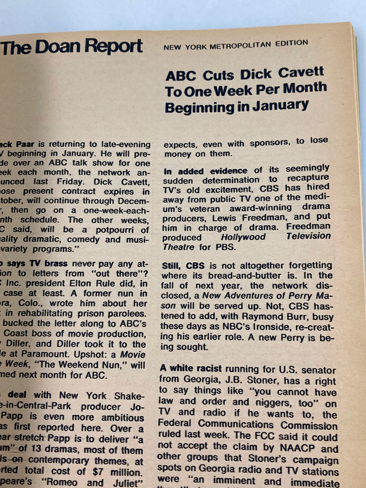 An interior page from the TV Guide Magazine August 12 1972, featuring an article about Dick Cavett's show scheduling on ABC, part of the New York Metropolitan Edition. The text discusses changes in programming and the television landscape of the early 1970s.