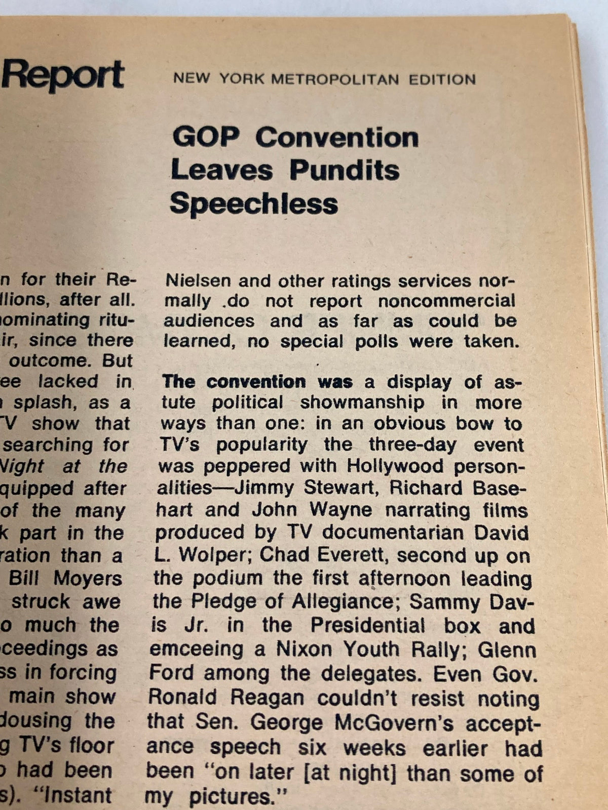 An article page from the New York Metropolitan Edition of TV Guide Magazine September 2, 1972, featuring commentary on the GOP convention and its impact on television.