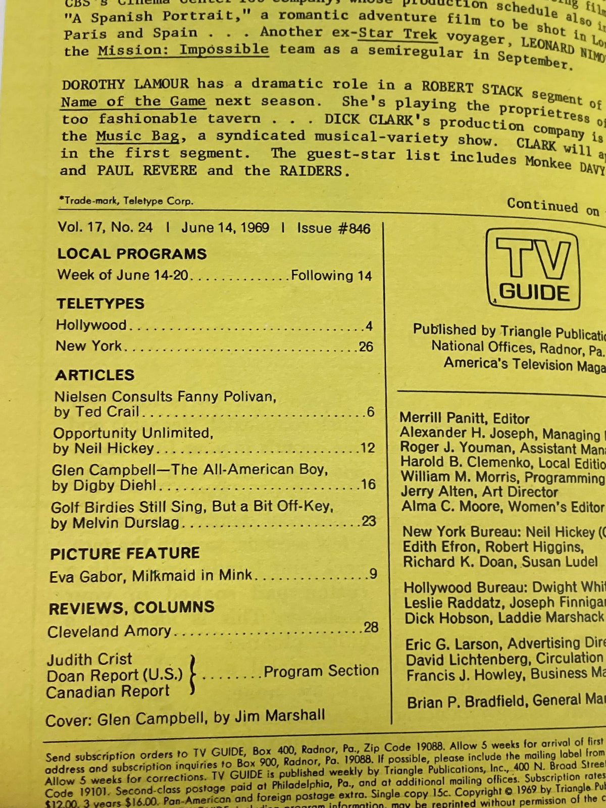 Interior page of TV Guide Magazine June 14 1969 #846 detailing local programs and articles related to Glen Campbell and television culture.