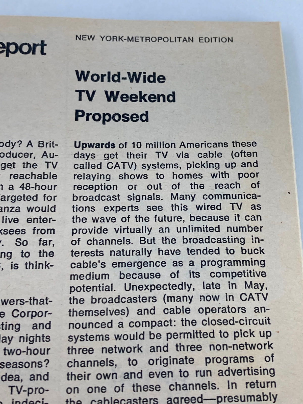 Another interior page of TV Guide Magazine June 14 1969 #846 discussing the proposed World-Wide TV weekend and its implications for cable television.