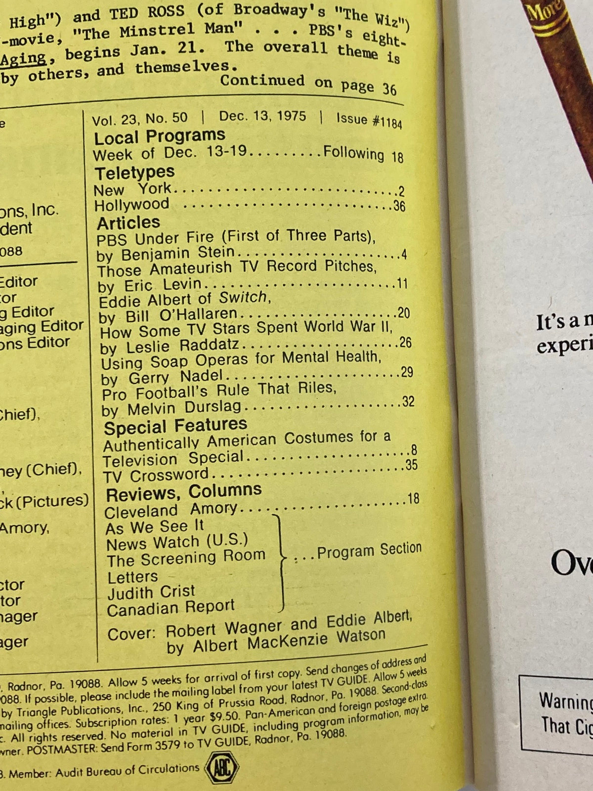 Inside page of TV Guide Magazine December 13 1975 detailing local programs and articles, highlighting Robert Wagner and Eddie Albert's appearances.
