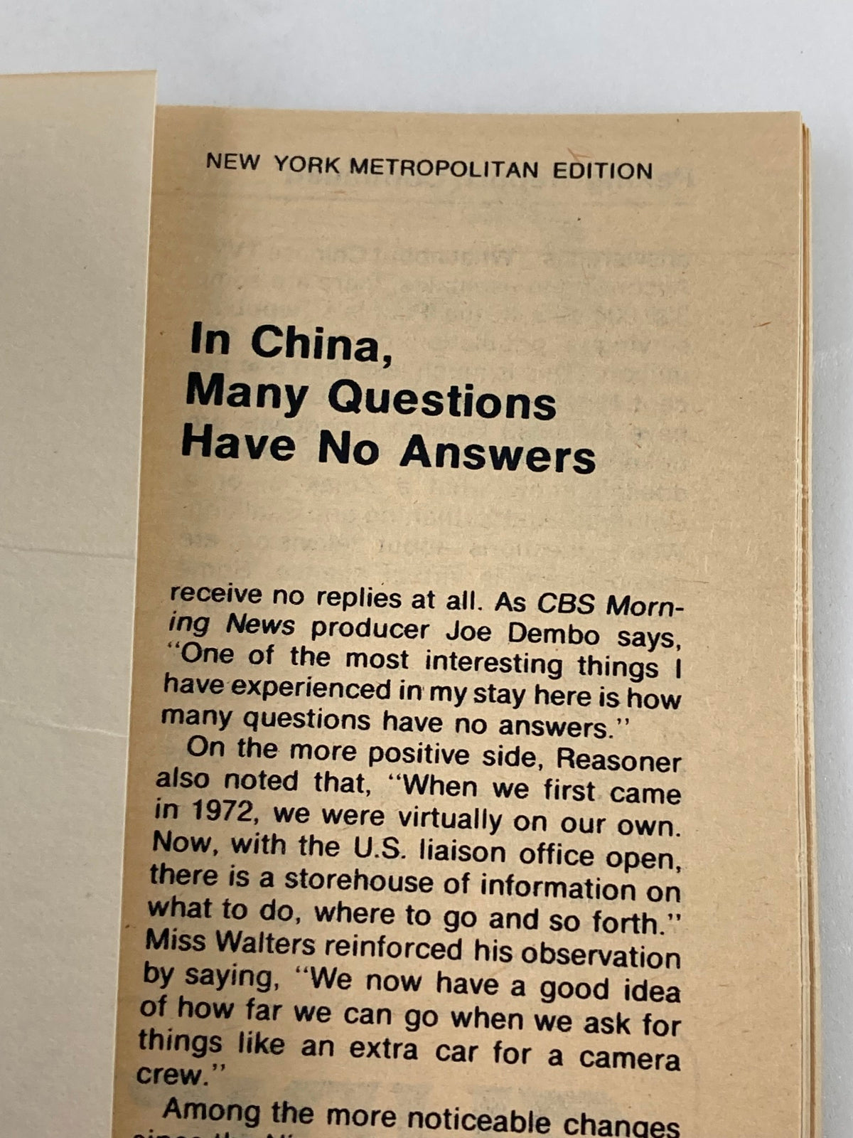 Inside page of the TV Guide Magazine December 13, 1975 featuring article titled 'In China, Many Questions Have No Answers' with New York Metropolitan edition branding.