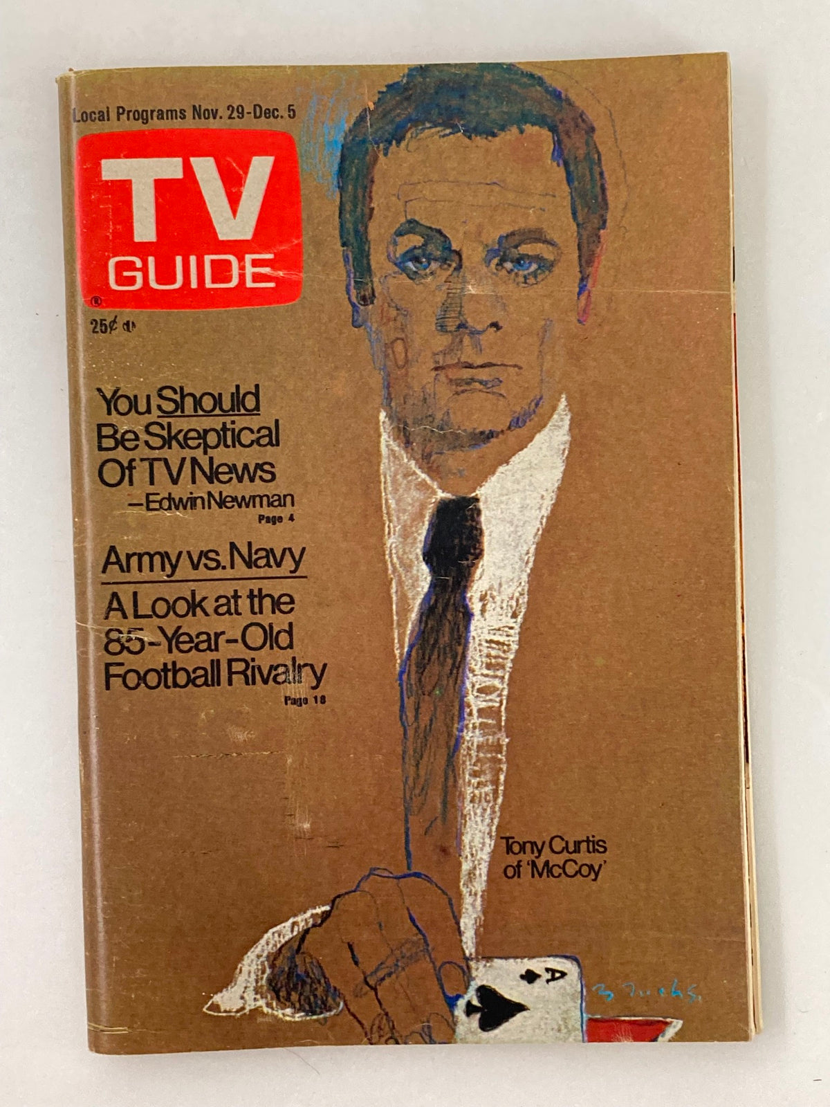 Cover of TV Guide Magazine November 29, 1975 featuring Tony Curtis, showcasing the artistic illustration and vintage design from the mid-1970s.