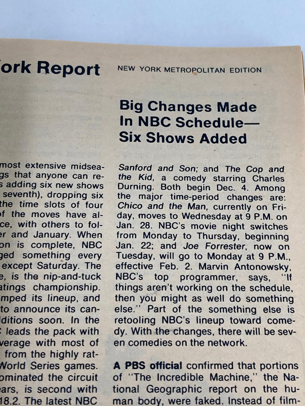 New York report section from TV Guide Magazine November 29, 1975 discussing significant changes in NBC's television schedule, reflecting the programming trends of the era.