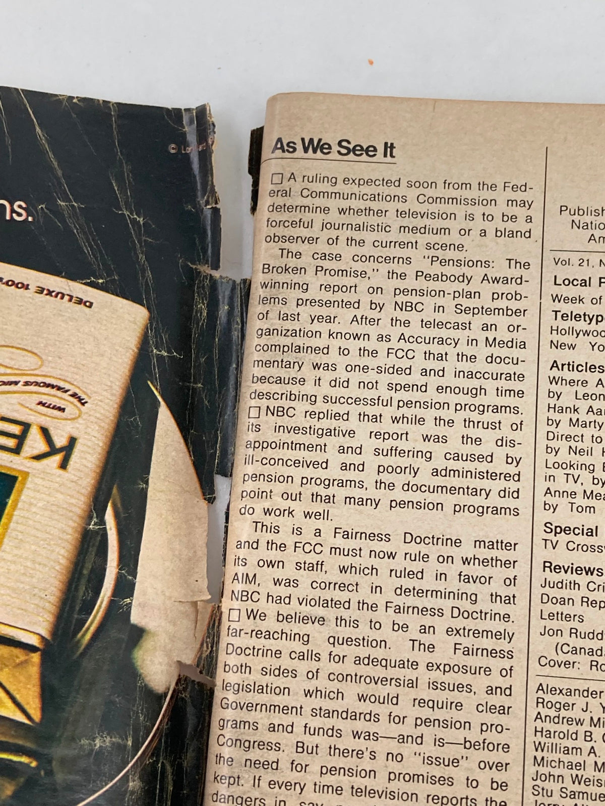 Inside page of TV Guide Magazine August 11 1973 #563 which includes text from an article titled 'As We See It,' discussing the Fairness Doctrine in television, providing insight into the media landscape of the 1970s.