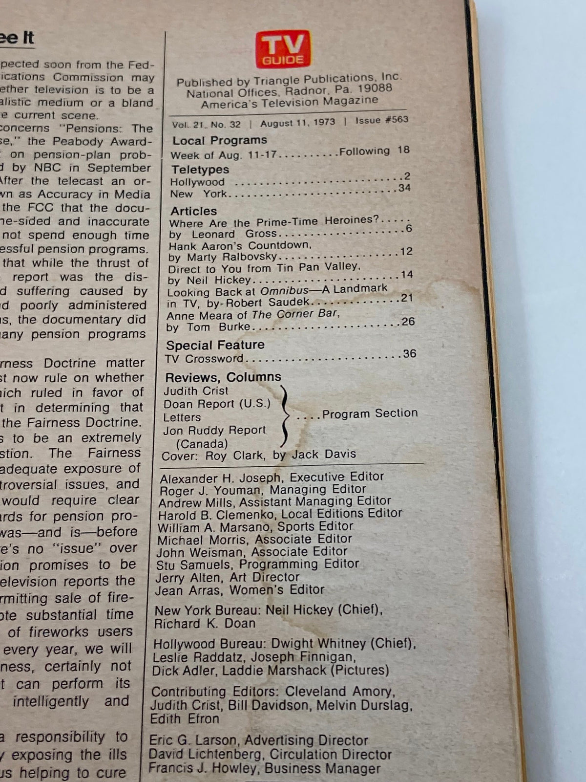 Back cover of TV Guide Magazine August 11 1973 #563 featuring editorial content and listings, highlighting Roy Clark in the Cleveland Edition.