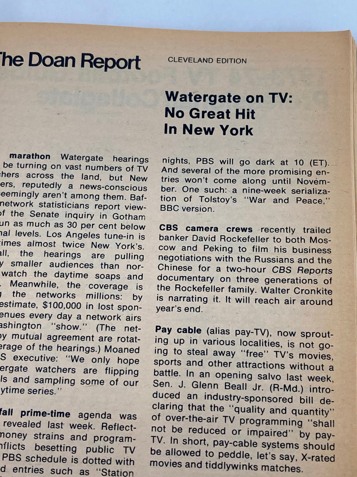 Page from TV Guide Magazine August 11 1973 #563 showcasing the Doan Report segment discussing television ratings during the Watergate hearings in the Cleveland Edition.