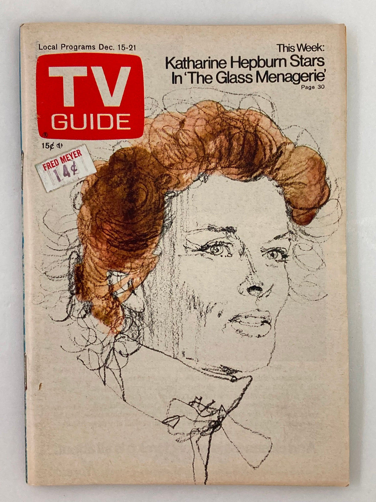 Cover of TV Guide Magazine, December 15, 1973, featuring an artistic illustration of Katharine Hepburn, highlighted for her role in 'The Glass Menagerie'.