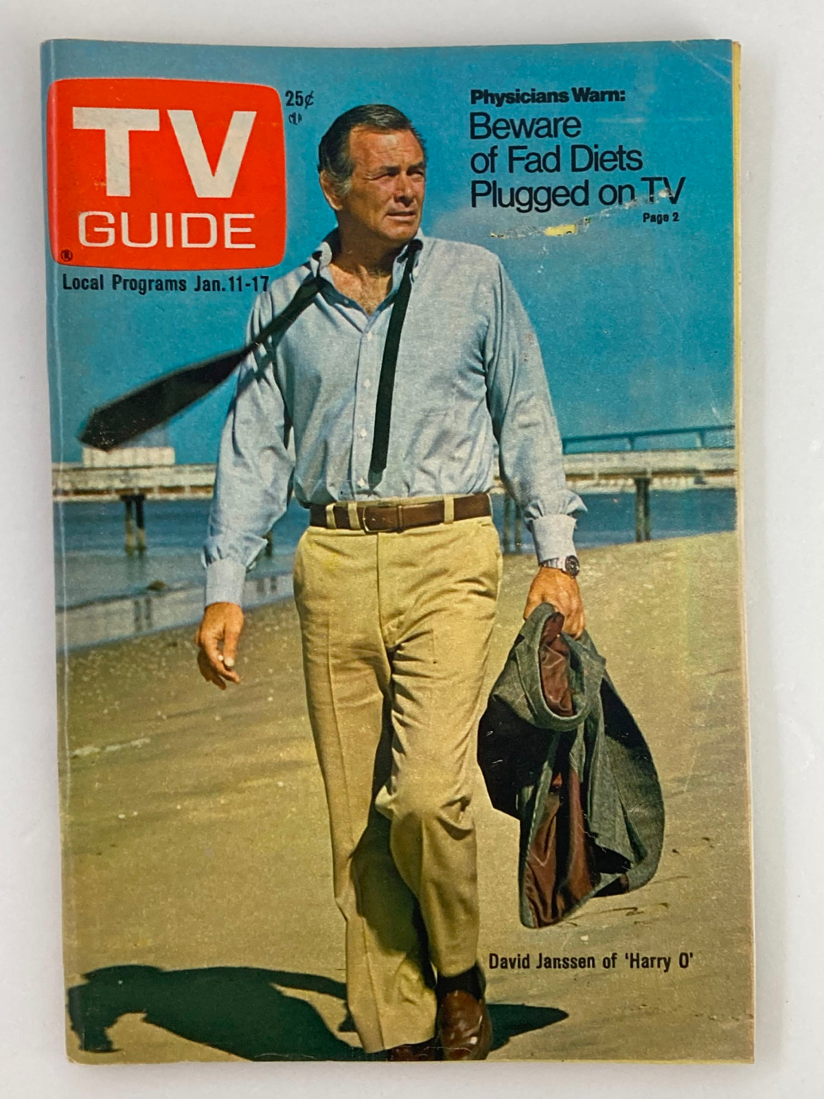 Cover of TV Guide Magazine January 11 1975 #1137 featuring David Janssen, depicting him on a beach in casual attire with a jacket in hand.
