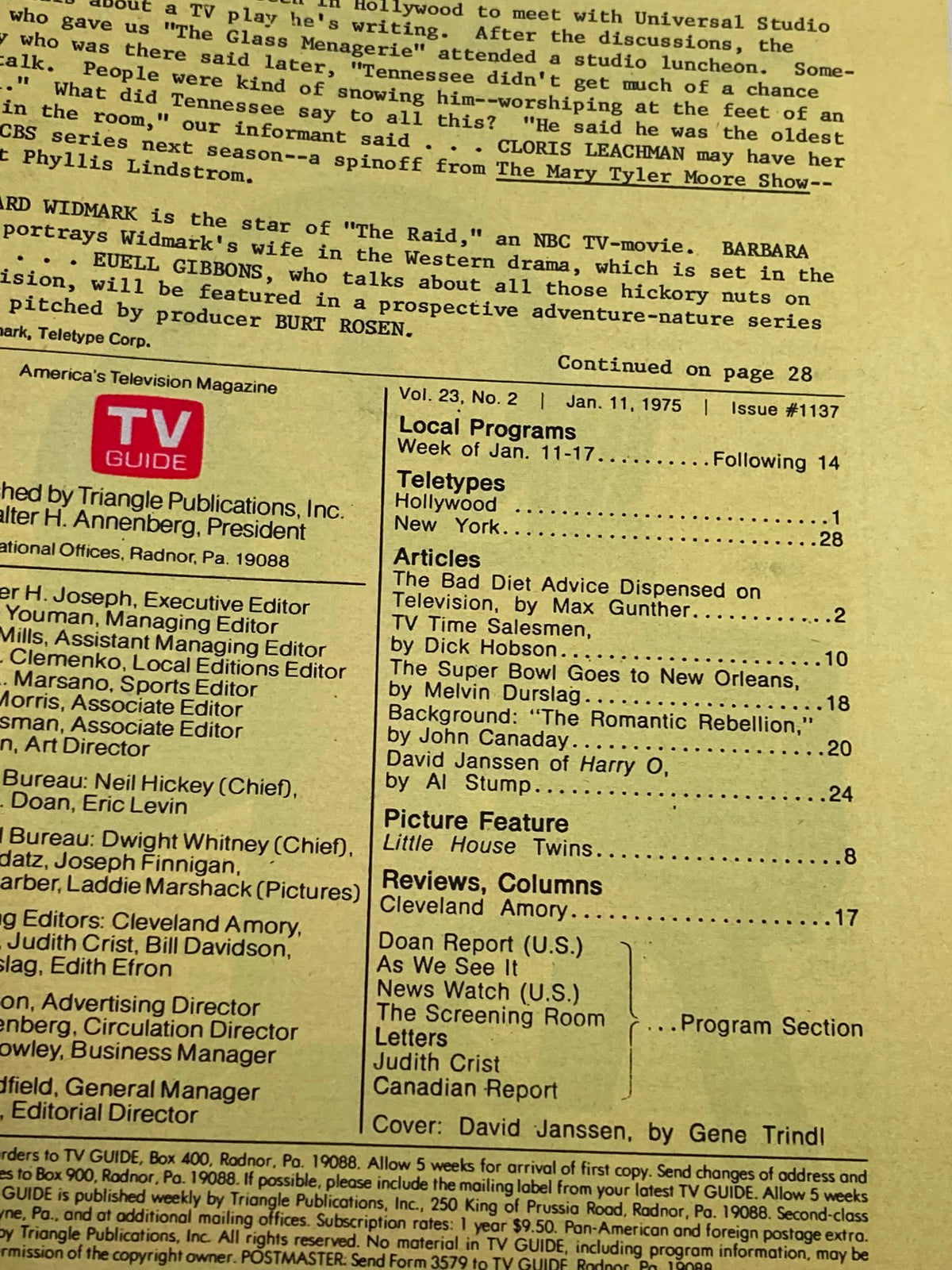 Interior page of TV Guide Magazine January 11 1975 #1137 showing the contents listing key articles and features including a piece on David Janssen.