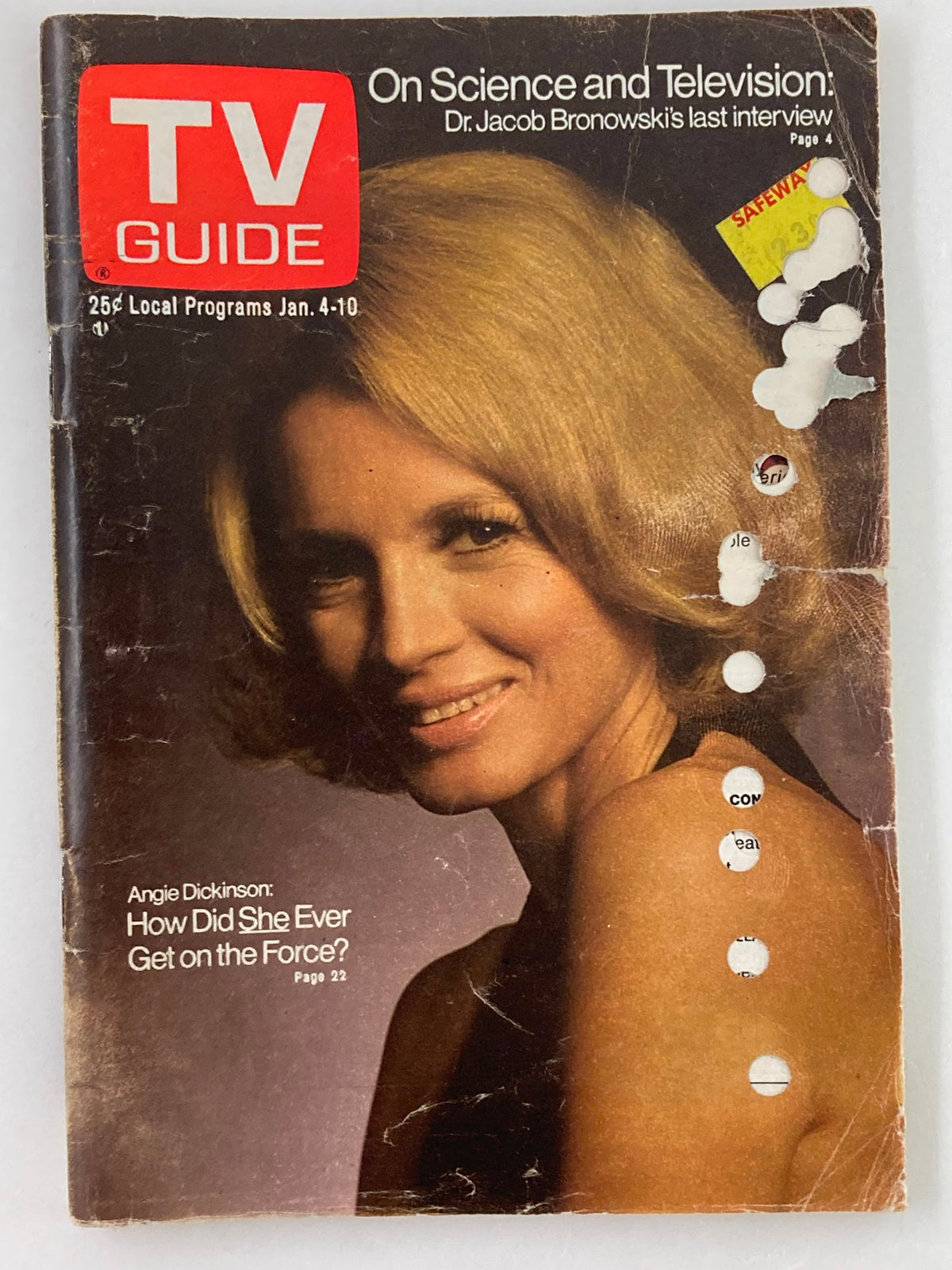 TV Guide Magazine January 4 1975 featuring Angie Dickinson on the cover, showcasing vintage style and character with some signs of wear.