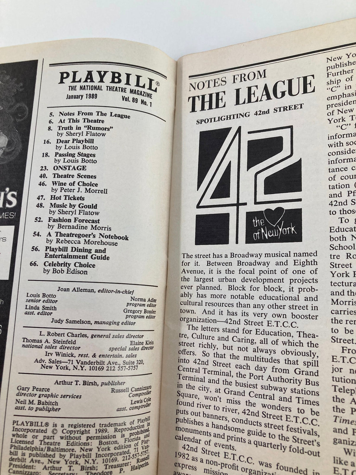 Inside page of the 1989 Playbill for Me and My Girl at Marquis Theatre, showcasing notes from The League and previews of Broadway shows.