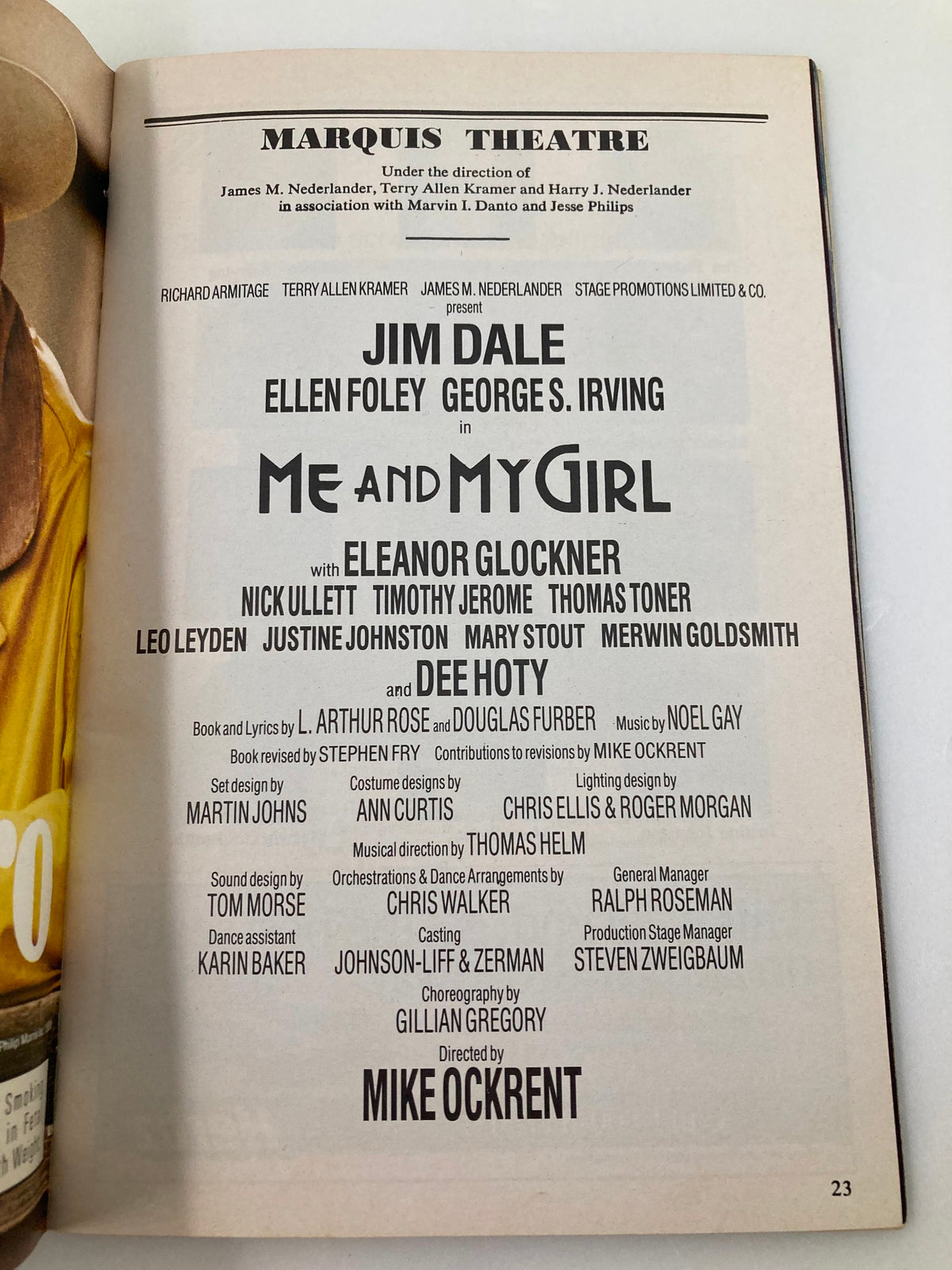 Cast and production details page from the 1989 Playbill for Me and My Girl at Marquis Theatre, highlighting Jim Dale and Ellen Foley's performances.
