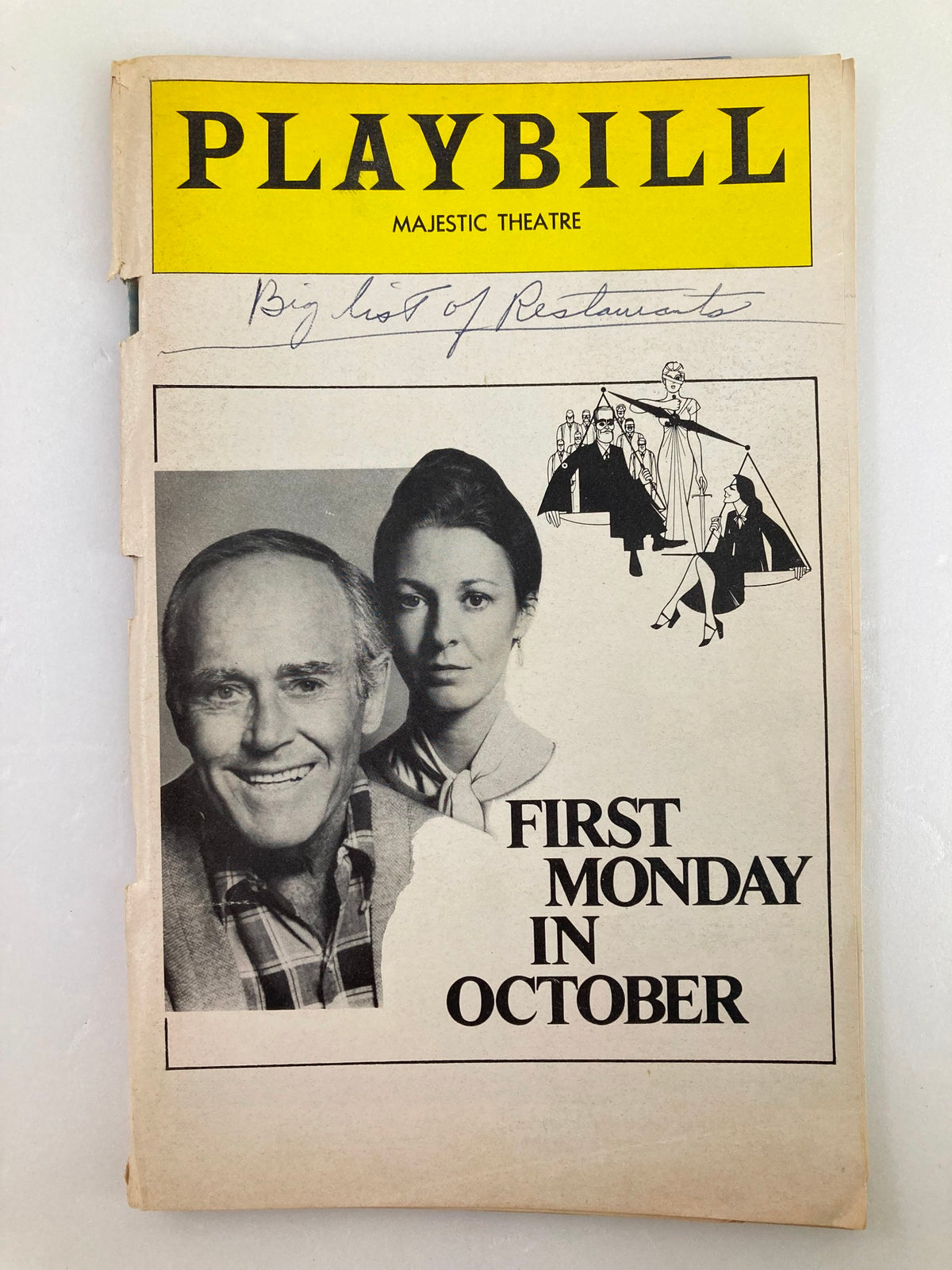 1978 Playbill for First Monday in October at the Majestic Theatre featuring Henry Fonda, showcasing a classic theatre cover photograph and title.