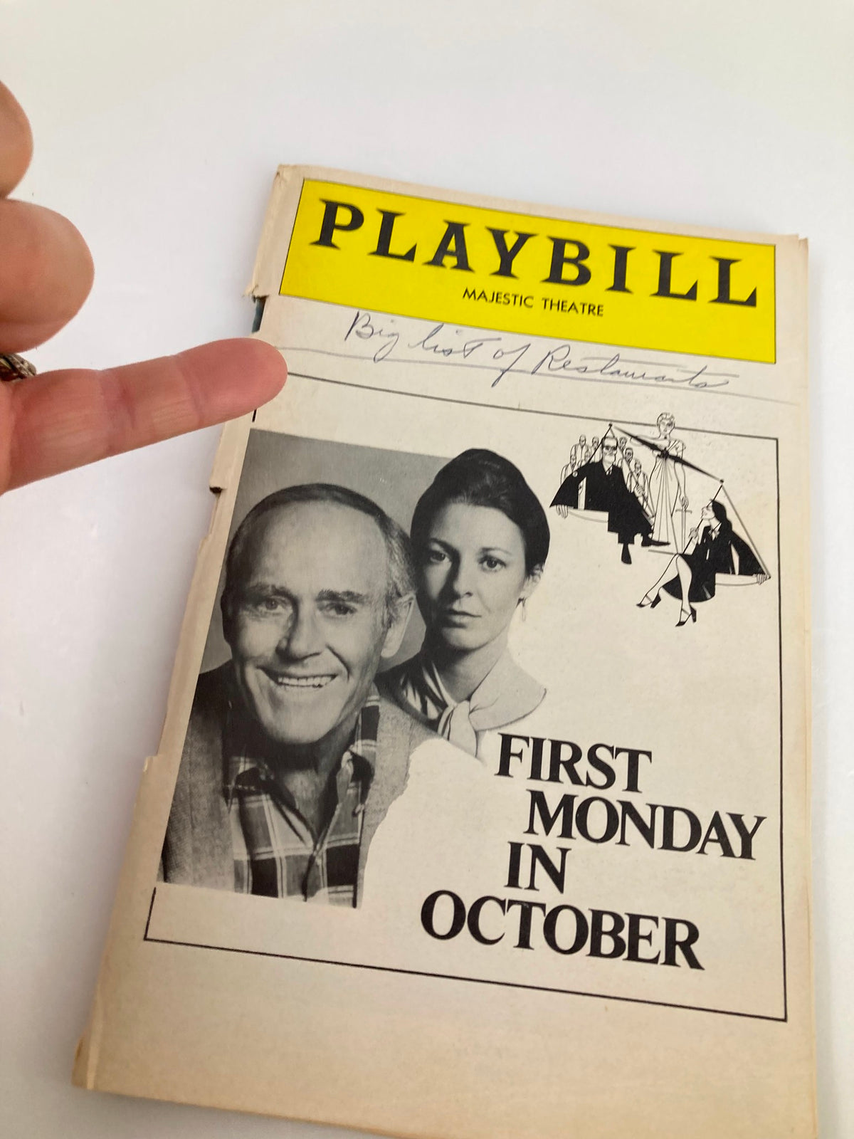 Close-up of the 1978 Playbill for First Monday in October at the Majestic Theatre, highlighting Henry Fonda and a handwritten note.