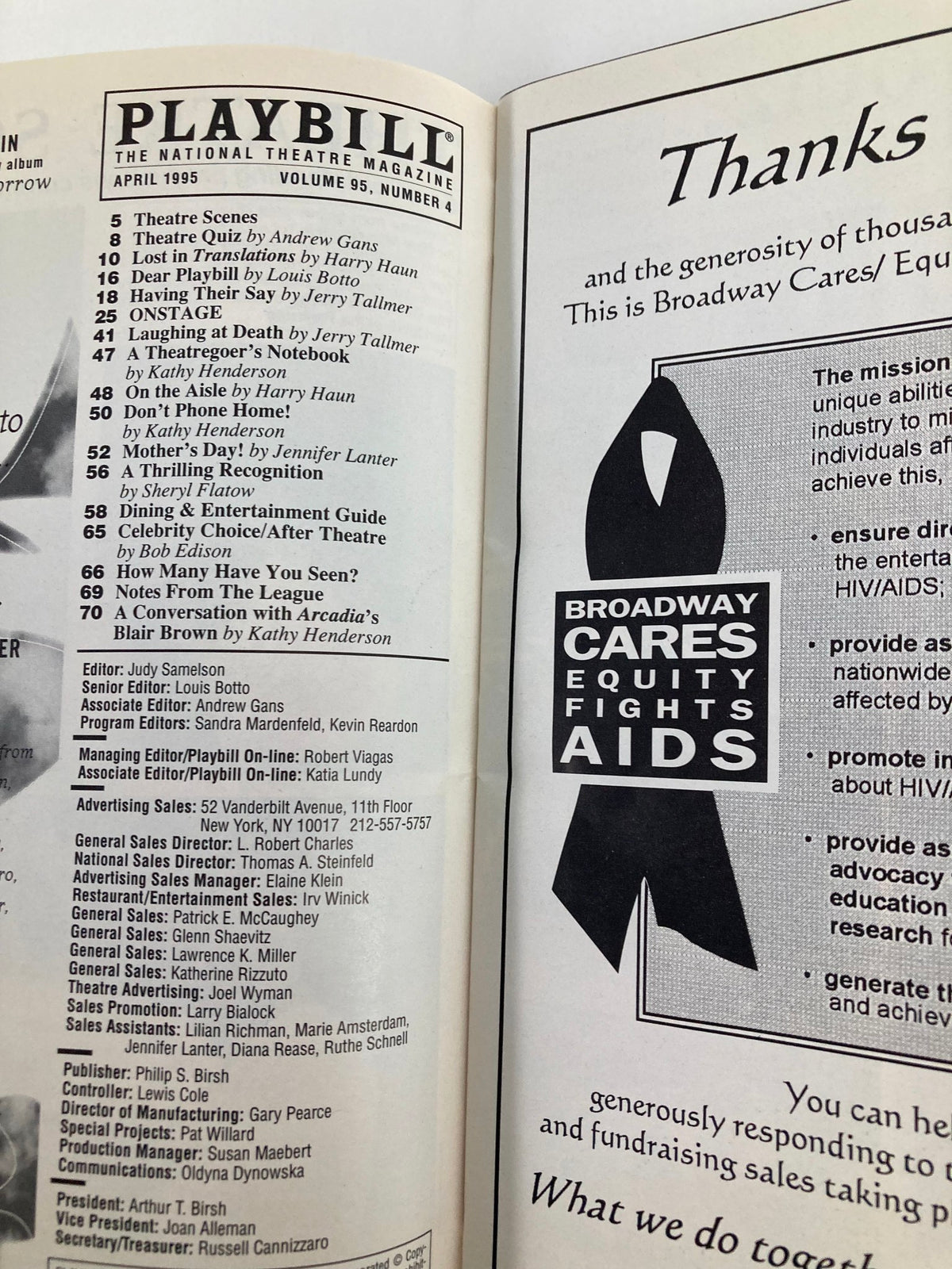 Inside view of the April 1995 Playbill from Union Square Theatre, displaying the table of contents and Broadway Cares/A Equity Fights AIDS promotional material.