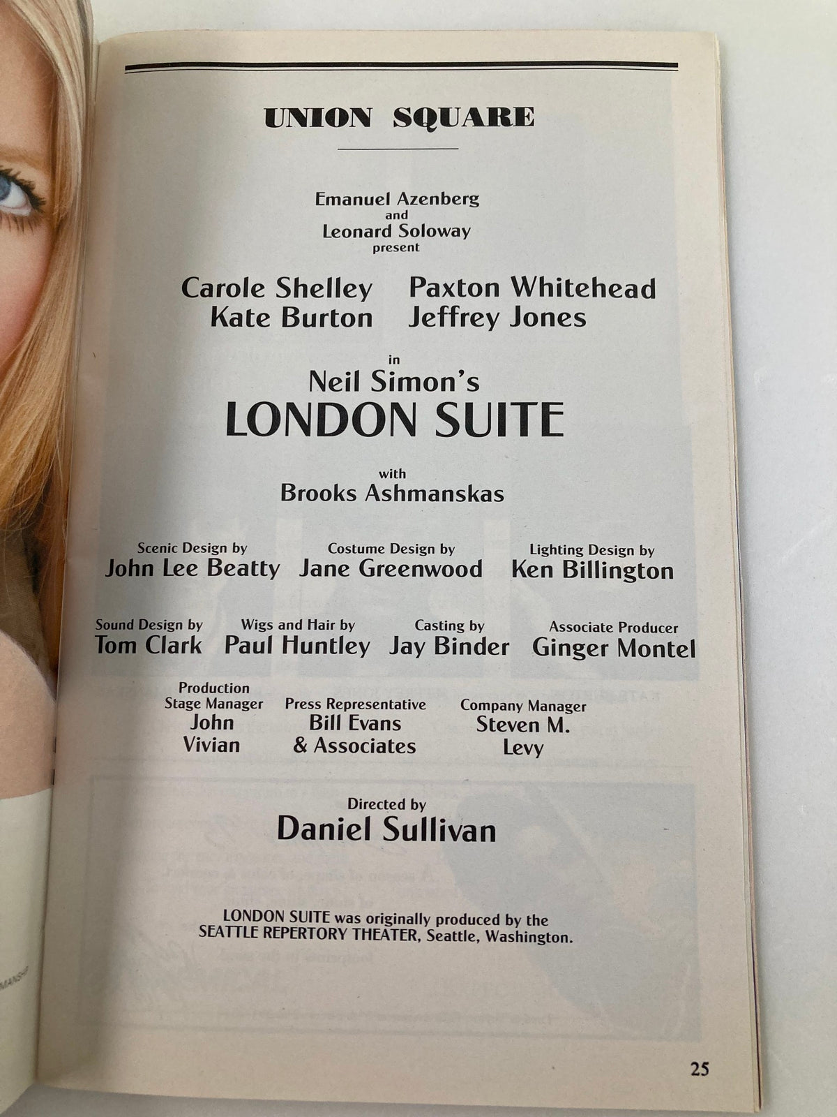 Inside page of the 1995 Playbill for the Union Square Theatre production featuring London Suite, showcasing cast members Carole Shelley, Jeffrey Jones, and others.